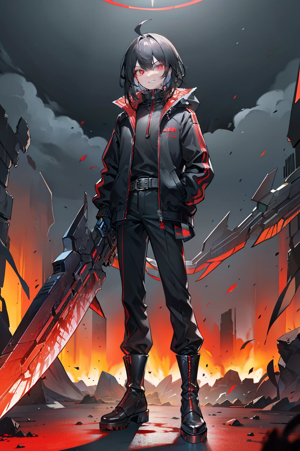 A tmale，male people，tall, masculine，rosto magro，Black eyeedium long hair，Black hair，hair messy，Black sweatshirt，long black jacket，Blood-red pattern，Black shirt，Dark gray trousers，boot，Gray backpack，Butterfly knife，hand gun，dual wielding，thief,exteriors,sci-fy,cyber punk perssonage,Interspersed with reality and unreality/realistic sense/Dimension wall,eventide，Run the track,MarketaB,control tower,neonlight,skyscrapper,Roof，City view,buliding,Riman,mtu,1 man,solo person,mitts,Sweatshirt,long-sleeved gloves,Open your clothes,Jacket with lapels,Combat posture,orthofacial,Floating hair,Messy hairstyle,Asymmetrical hairstyle - The hairstyle has obvious asymmetrical parts，defiance,arrogant face,grin face,exhilarated,crazy,Smug face,ridicule,High-top boots,boot,knifes,arma,hand gun，Small eyeballs,sideface，taunt，belt pouches，The wind blew up the jacket，Raise your knife，Wave forward，male people,1 man，Hook-lock gun，short detailed hair，Holding a butterfly knife，guffaw，big laughter，Normal eyes，Visual lens，Holding a butterfly knife，Eyes shining dark red，Vertical pupils，Blood red butterfly wings，Nails become longer，Go bananas，bloodthirsty，Hair flaunted，slaughter，Burning ruins background，Dull blood-colored sky，Hair fluttering in the wind，Go bananas，Become a demon