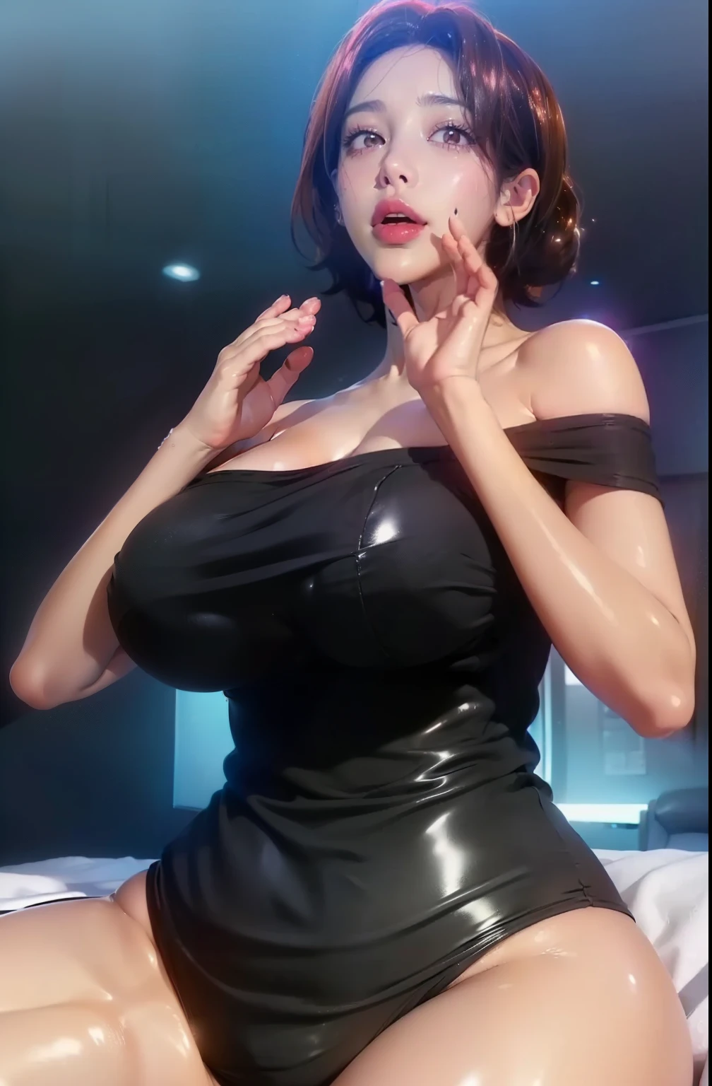 ((masterpiece、high quality、High resolution、4k, 8k, )),knowledgeable person、detailed face、fine eyes、fine eyes、 (dripping Sweat、oil skin,glowing skin、realistic skin texture、fine and beautiful skin、shiny skin, big breasts、beautiful thighs, mature pretty woman、transparent eyes、sexy、(thin body and limbs,), (random pose) , ((clear eyes、double eyelid、big breasts))、((beautiful milf))、ぶら下がるbig breastsがシャツから見える、night view、night room、dark、lights out、grayscale:27、full of embarrassment、blush、bright red face、shy、((thin、beautiful feet、low length))、standing pose、((vapor,Sweat,what))、( off shoulder knit dress、spread your legs),((vulgar face:1.8, ))、bright red bed、With a bewitching smile、(((迸るSweat、oil skin,sparkling skin、realistic skin texture、detailed beautiful skin、shiny skin、shiny skin)))