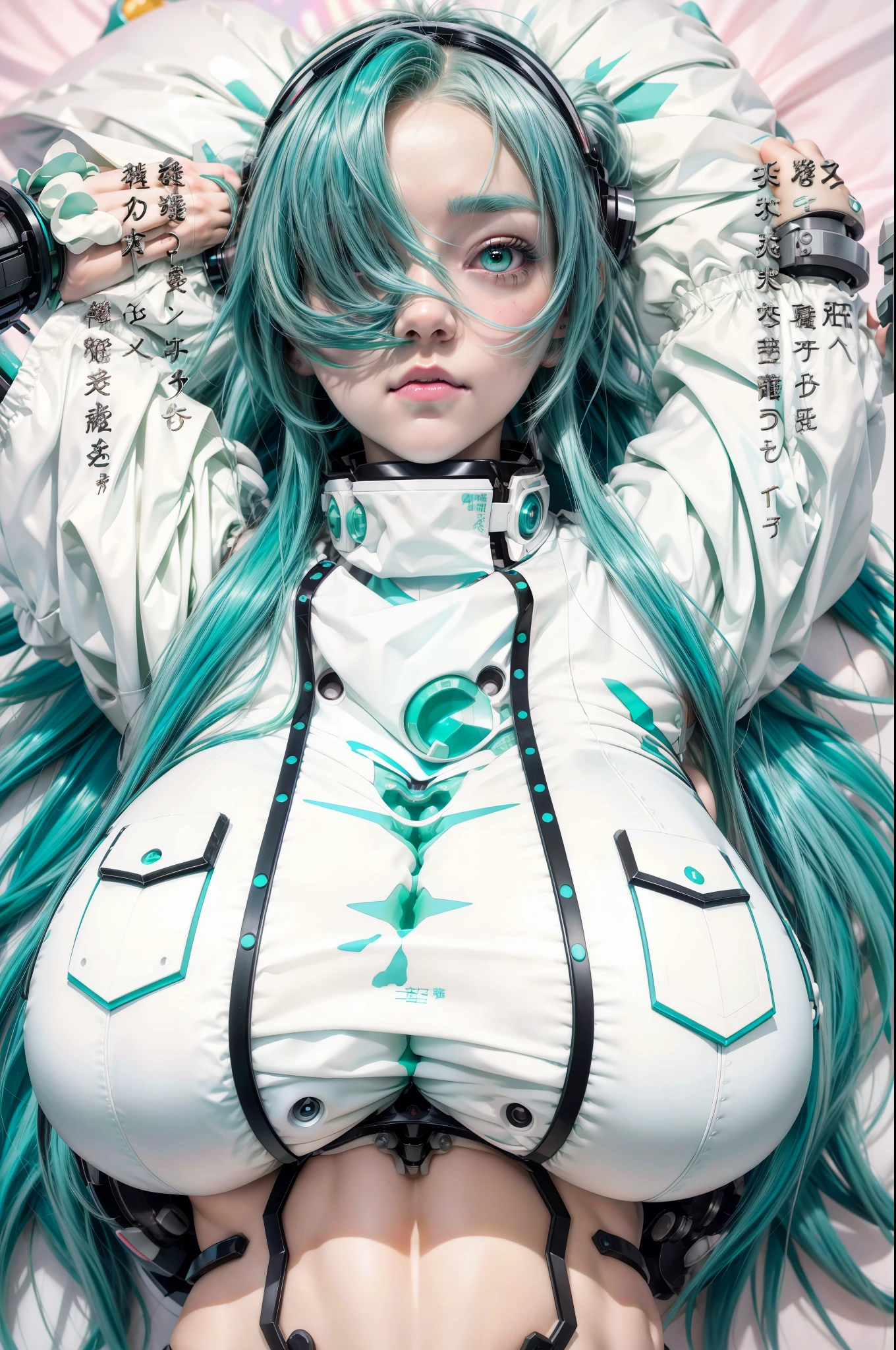 anime girl with green hair and blue eyes posing for a picture, white cyan, anime girl with teal hair, mikudayo, biomechanical oppai, pixiv 3dcg, android heroine, white and teal garment, twintails white_gloves, top rated on pixiv, oppai cyberpunk, light novel cover art, rogue anime girl ayanami rei