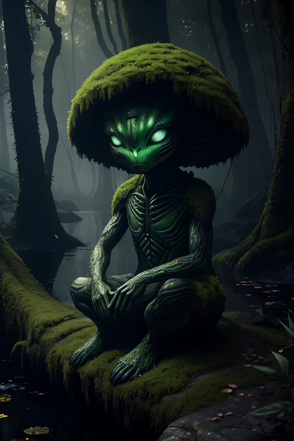 A highly detailed, hyper-realistic image of a little alien sitting on a moss-covered stone, overlooking a tranquil lake in a dimly lit, mysterious dark forest. The alien's large, dark, expressive eyes are fixed on the scene before them, revealing a sense of thoughtfulness and contemplation. The forest, dense and dark, is painted with meticulous attention to detail, each tree trunk and leaf rendered in exquisite 4K resolution. The scene is lit by soft, ambient light filtering through the canopy, casting intriguing shadows on the water's surface and the alien's alien features. The alien's body is smooth and sleek, with subtle text