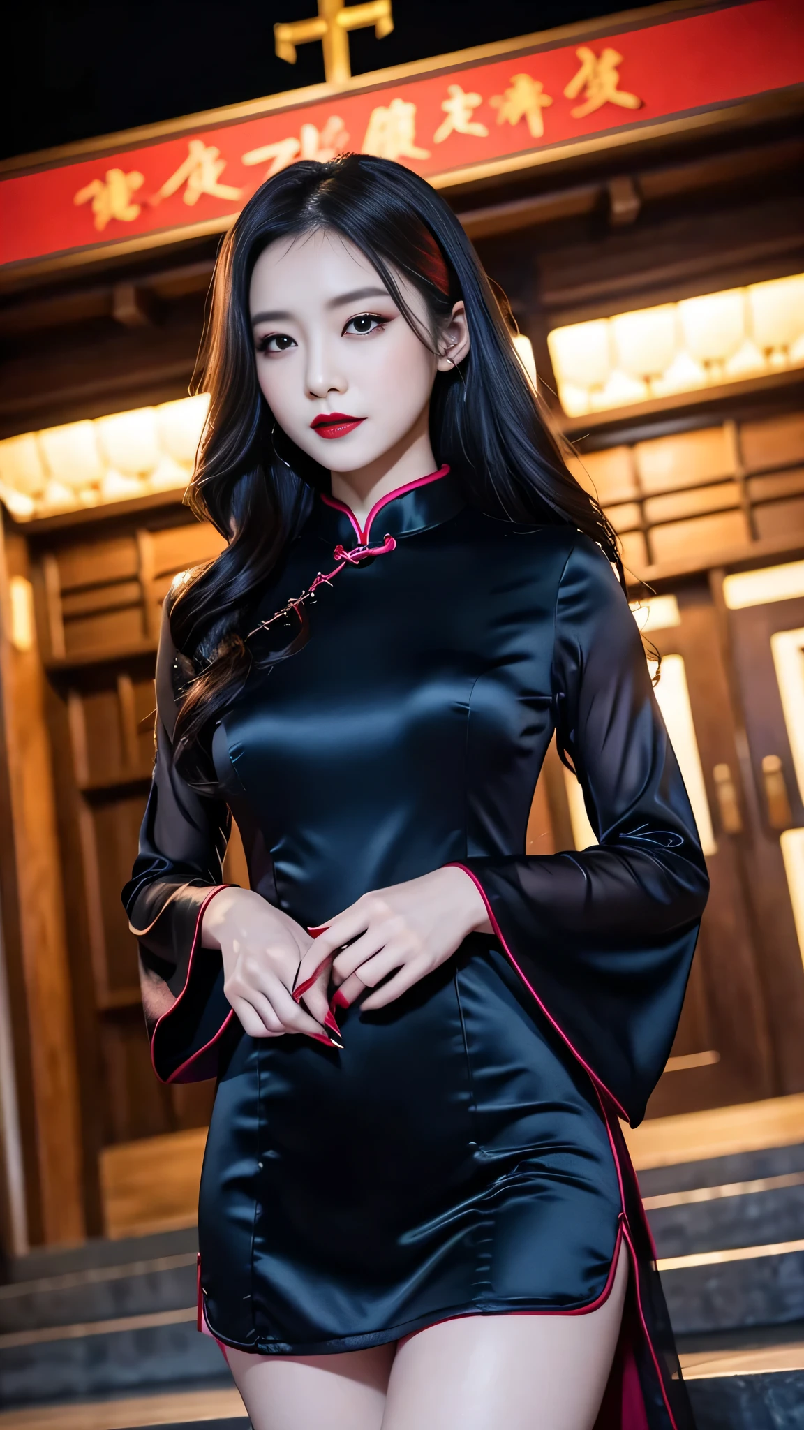 Super detailed、Japanese、charming beauty、seductive adult woman、Beautiful woman、sharp eyes、cool girl、wavy hair、long black cheongsam、wide sleeve、evilの幹部、evil depravity、brainwashing、Mind control、apply lipstick、grin、evilな表情、evil、empty eyes、evil、church at night、vampire、vampire、Hypnosia makeup brush