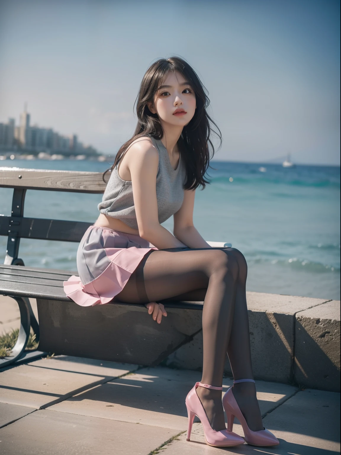 (whole body:1.5),(1 girl:1.3),(view viewer:1.4),(correct anatomy:1.3),(Sitting on a bench by the sea:1.2),(pink and blue rubber skirt :1.2),( dim gray pantyhose:1.3),pumps、( girl's pointed thick heels :1.1),(accurate and perfect face:1.3),hyper hd, ray tracing, reflected light, structurally correct, Award-winning, high detail, Brighten the contrast of shadows, face lighting ,cinematic lighting, masterpiece, super detail, high quality, high detail, 最high quality, 16k,high contrast,black hair、whole body写真