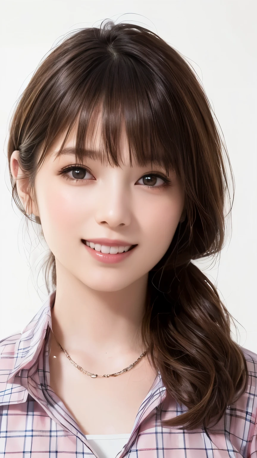 (highest quality、8k、32K、masterpiece)、(realistic)、(Photoreal:1.2)、(High resolution)、Super detailed、very beautiful face and eyes、1 girl、round and small face、thin waist、delicate body、(close、highest quality、high detail、rich skin details)、(highest quality、8k、oil paint:1.2)、Super detailed、(realistic、realistic:1.37)、bright colors、(((I'm blonde)))、(((bust shot)))、(((medium hair、blonde hair)))、(((Pure white wall background)))、(((she is wearing a white and pink flannel shirt)))、(((pure white wall background)))、(((pink and white clothes)))、(((Gingham check pattern flannel shirt)))、(((I&#39;m smiling)))、(((I&#39;m laughing out loud)))、(((Teeth are visible)))、(((I'm touching my head)))、(((A checkered shirt)))、(((I&#39;m wearing a necklace)))