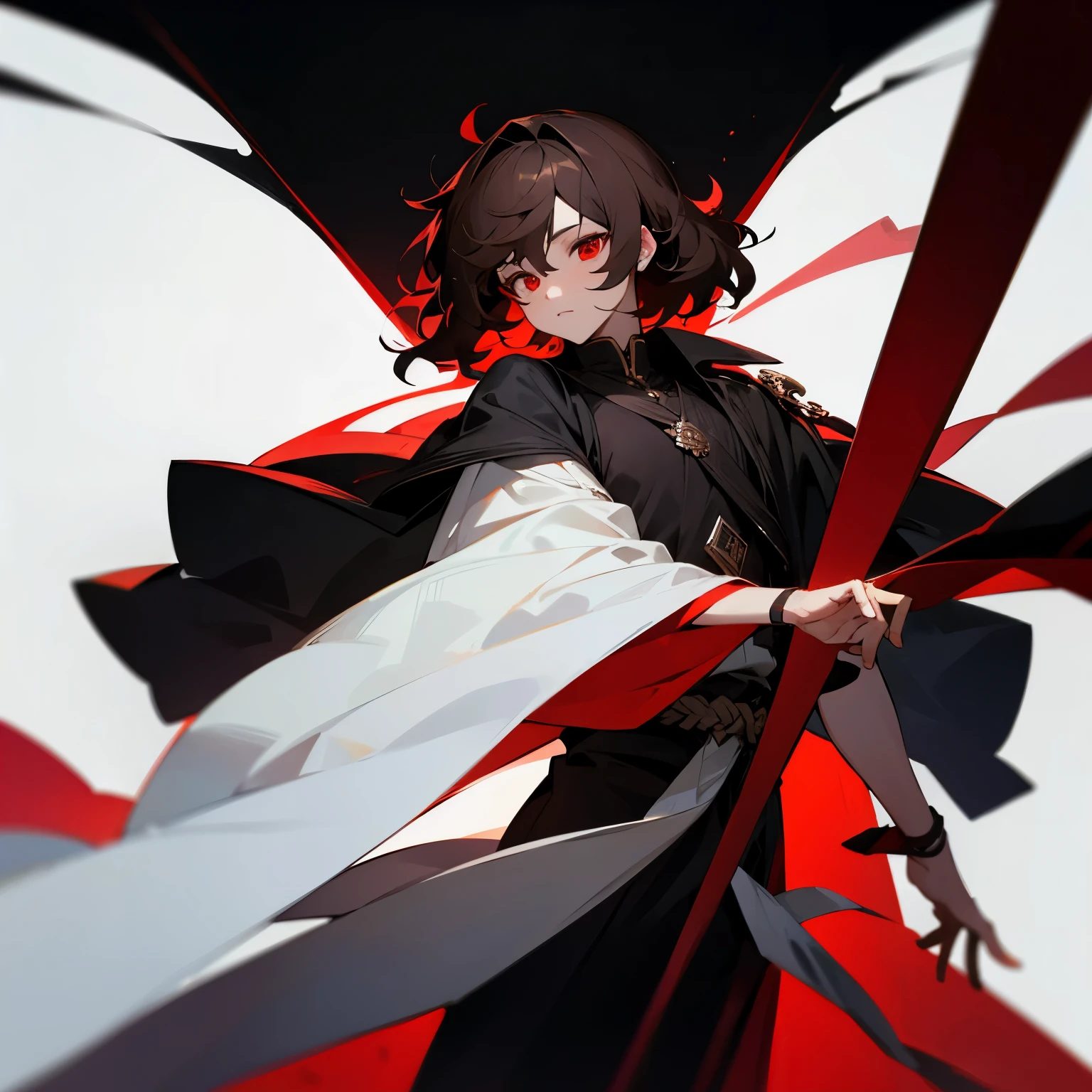 boy with short wavy dark brown hair, white skin and red eyes, elegant black clothing covered mostly with a black tunic. Black background