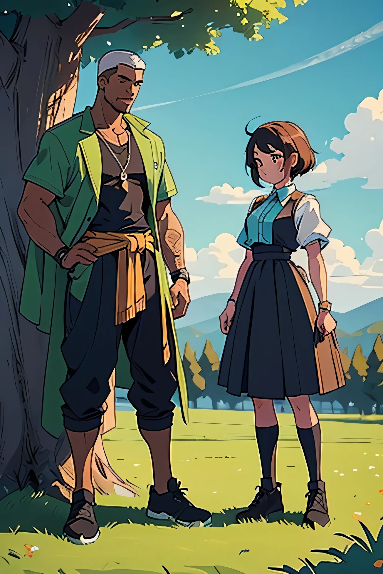 two young people in a green field, el dia soleado, seen from a distance and at a high angle, they are looking at the ground. The first person in the middle is a young man., es alto y tiene la cabeza inclinada, sus hombros se hunden. la siguiente persona, a girl a little shorter, is standing freely to the right of the young man, colocando una mano en su hombro, her body slightly turned towards him