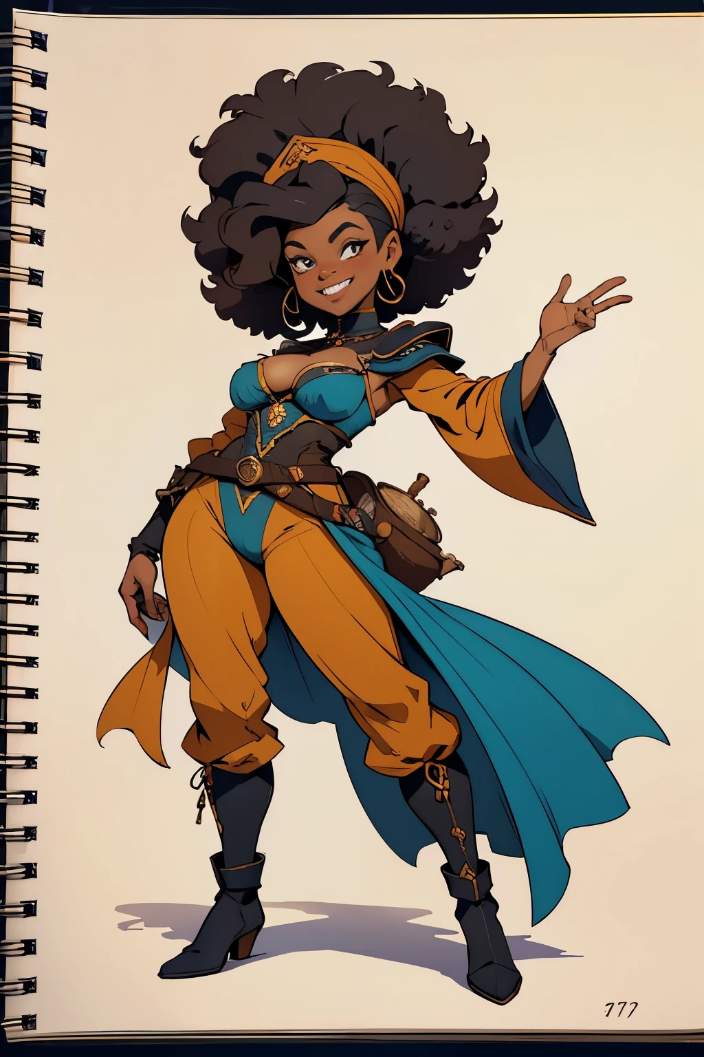 "Em uma fantasia de vaqueiro futurista": Hand drawn in sketchbook style: Corpo inteiro de uma bela mulher afro-americana, vaqueira, com um sorriso malicioso, cabelos pretos extremamente longos e encaracolados, in eye-catching epic costume of , em pose provocante e escandalosa. Botas surradas, vestimenta de couro em miniatura e rasgado, cinto pesado. Estabelecendo tomada POV. arte inicial. Caricatura estilo desenho animado. Jantar de Halloween, atmosfera de sombria, dynamic natural poses