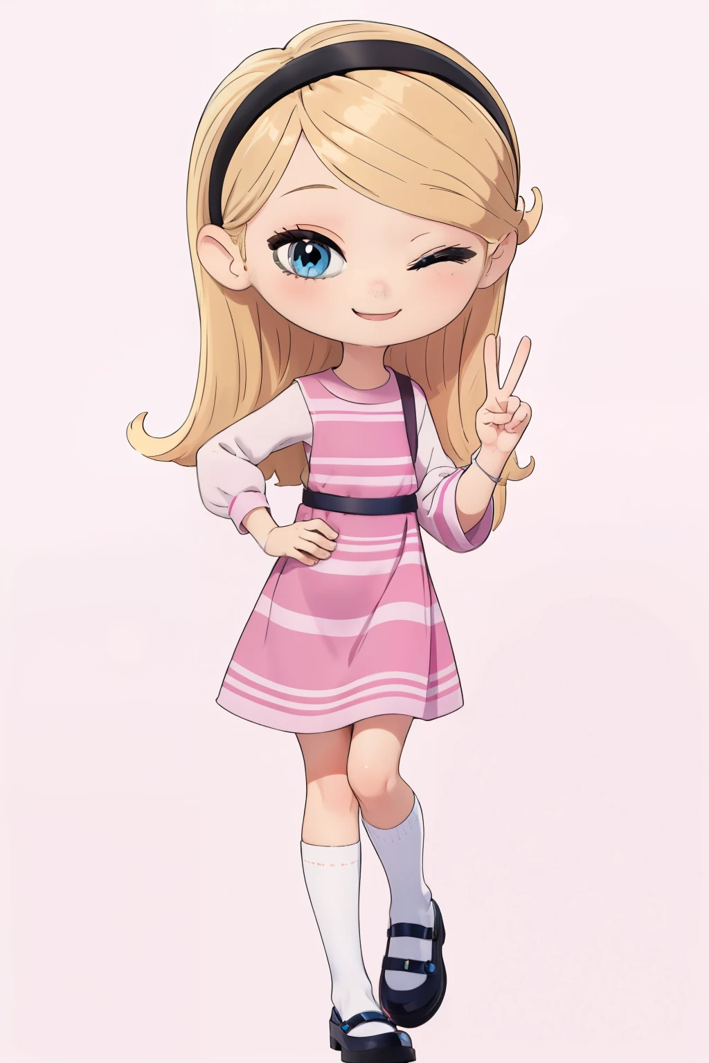 (((Masterpiece))), 1girl, one eye closed, peace sign, cute smile, cute art, cute, kawaii, left eye closed looking at viewer, high quality, blonde hair, blue eyes, long hair, hairband, pink dress, white long tube socks, happy, pink background,