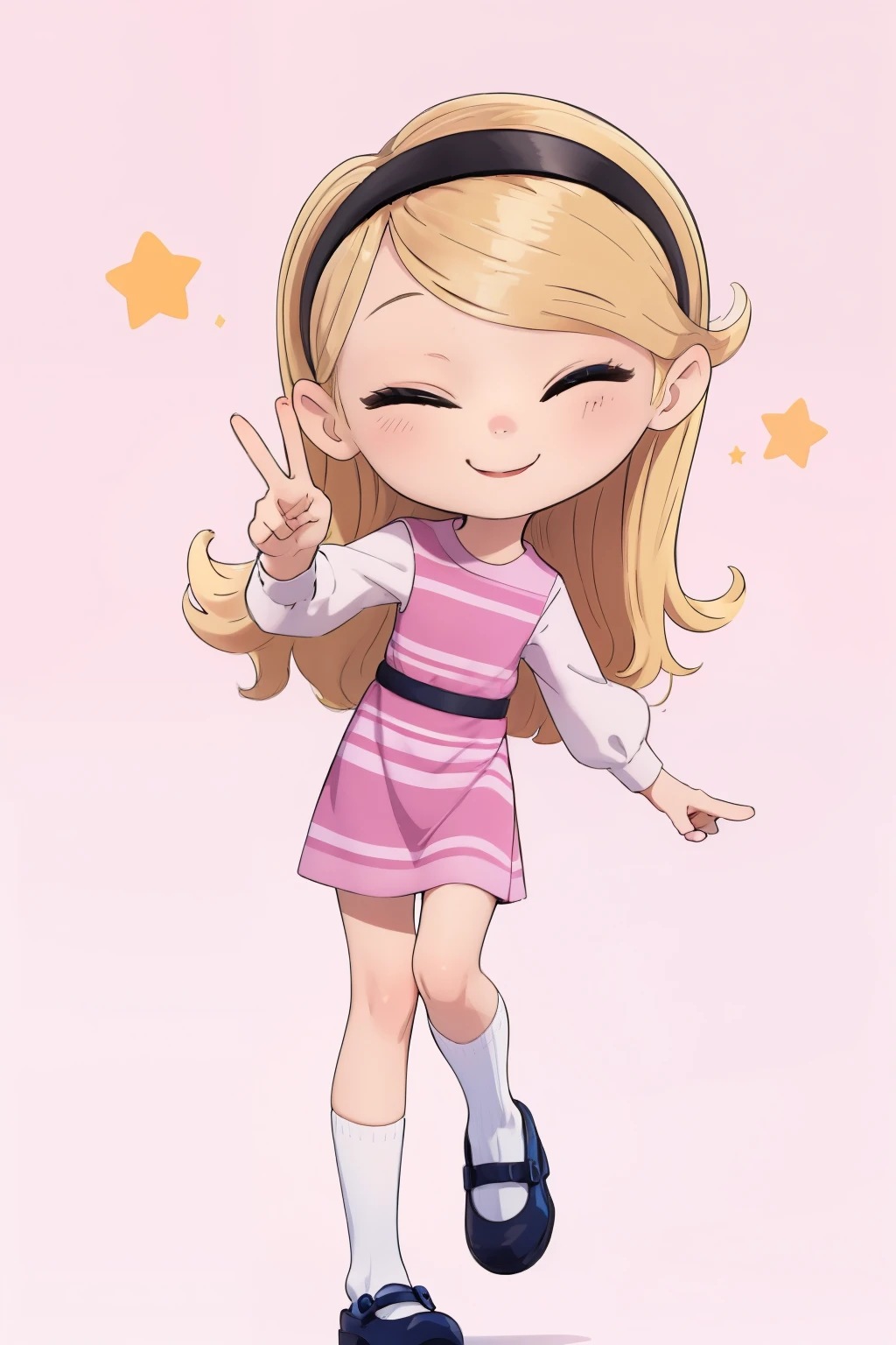 (((Masterpiece))), 1girl, one eye closed, peace sign, cute smile, cute art, cute, kawaii, left eye closed looking at viewer, high quality, blonde hair, blue eyes, long hair, hairband, pink dress, white long tube socks, happy, pink background,