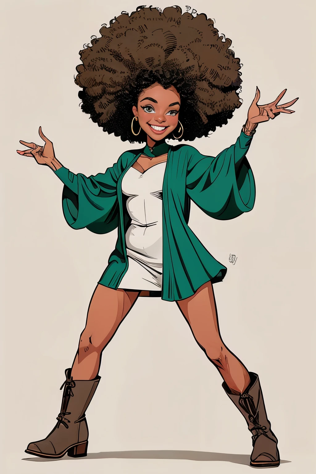 "Em uma fantasia de vaqueiro futurista": Hand drawn in sketchbook style: Corpo inteiro de uma bela mulher afro-americana, vaqueira, com um sorriso malicioso, cabelos pretos extremamente longos e encaracolados, in eye-catching epic costume of , em pose provocante e escandalosa. Botas surradas, vestimenta de couro em miniatura e rasgado, cinto pesado. Estabelecendo tomada POV. arte inicial. Caricatura estilo desenho animado. Jantar de Halloween, atmosfera de sombria, dynamic natural poses