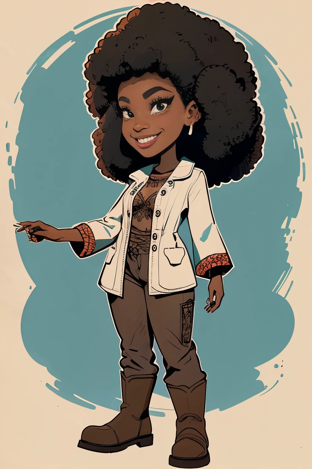 "Em uma fantasia de vaqueiro futurista": Hand drawn in sketchbook style: Corpo inteiro de uma bela mulher afro-americana, vaqueira, com um sorriso malicioso, cabelos pretos extremamente longos e encaracolados, in eye-catching epic costume of , em pose provocante e escandalosa. Botas surradas, vestimenta de couro em miniatura e rasgado, cinto pesado. Estabelecendo tomada POV. arte inicial. Caricatura estilo desenho animado. Jantar de Halloween, atmosfera de sombria, dynamic natural poses