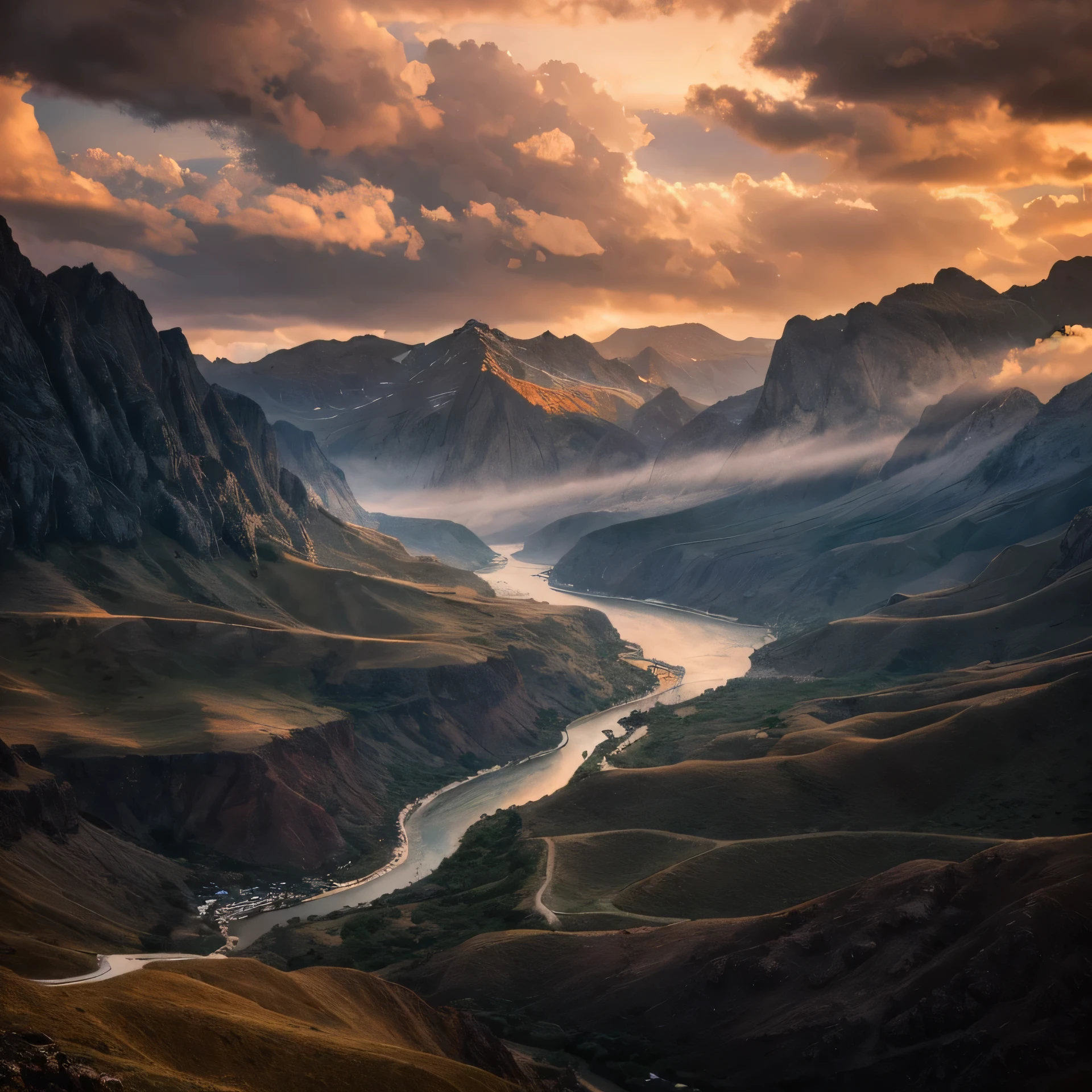 mountains with a river running through them under a cloudy sky, an amazing landscape image, marc adamus, most epic landscape, epic landscape, dreamy landscape, mountainscape, max rive, amazing landscape, a surreal dream landscape, sunset in a valley, ethereal landscape, detailed dreamscape, an epic landscape, breathtaking landscape, aenami alena