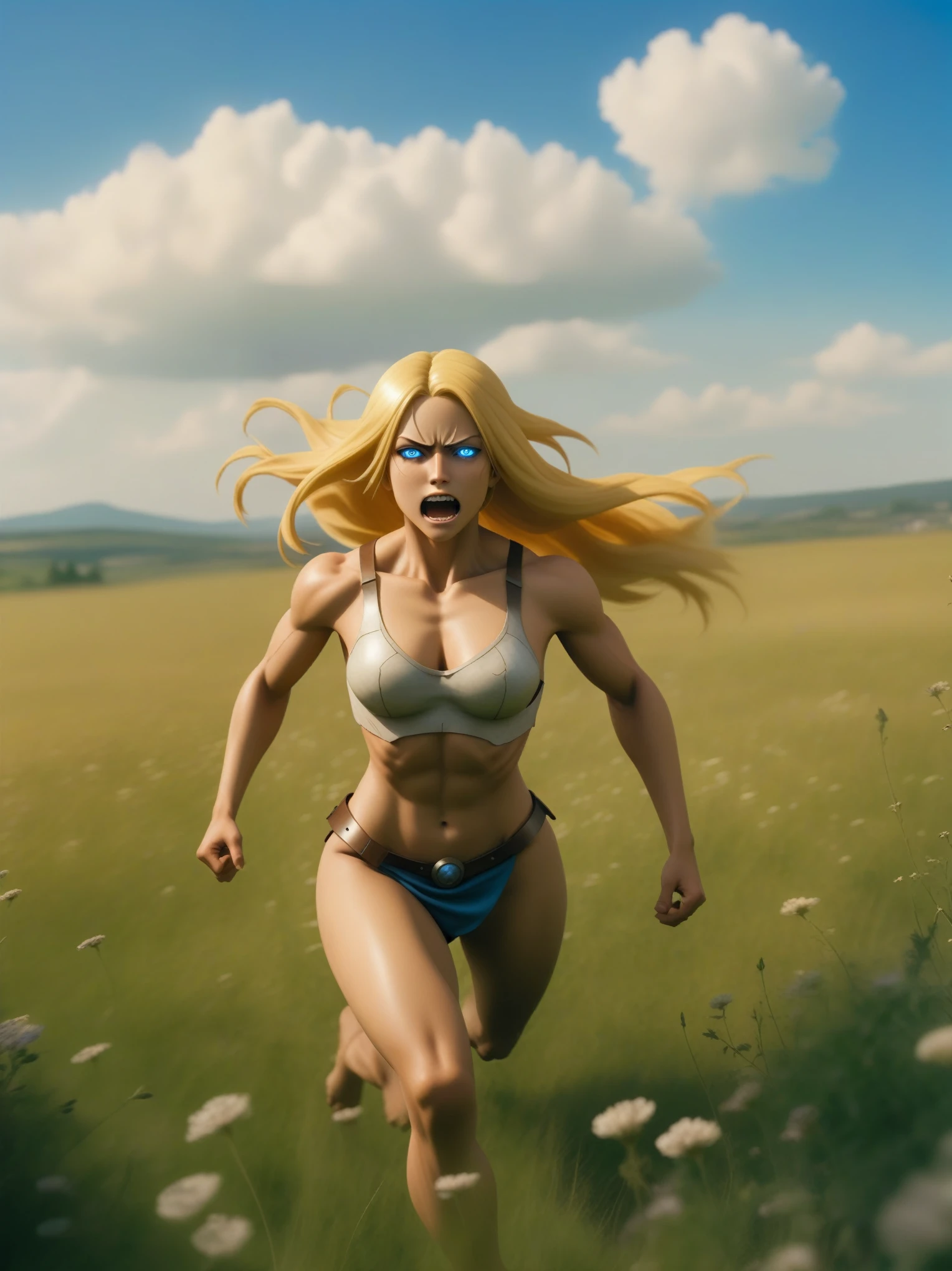 Witness the ultimate masterpiece as the Female Titan, with her blonde hair flowing in the wind, runs through a meadow with the blue sky and clouds as her backdrop. Her muscular form and piercing blue eyes will leave you in awe."