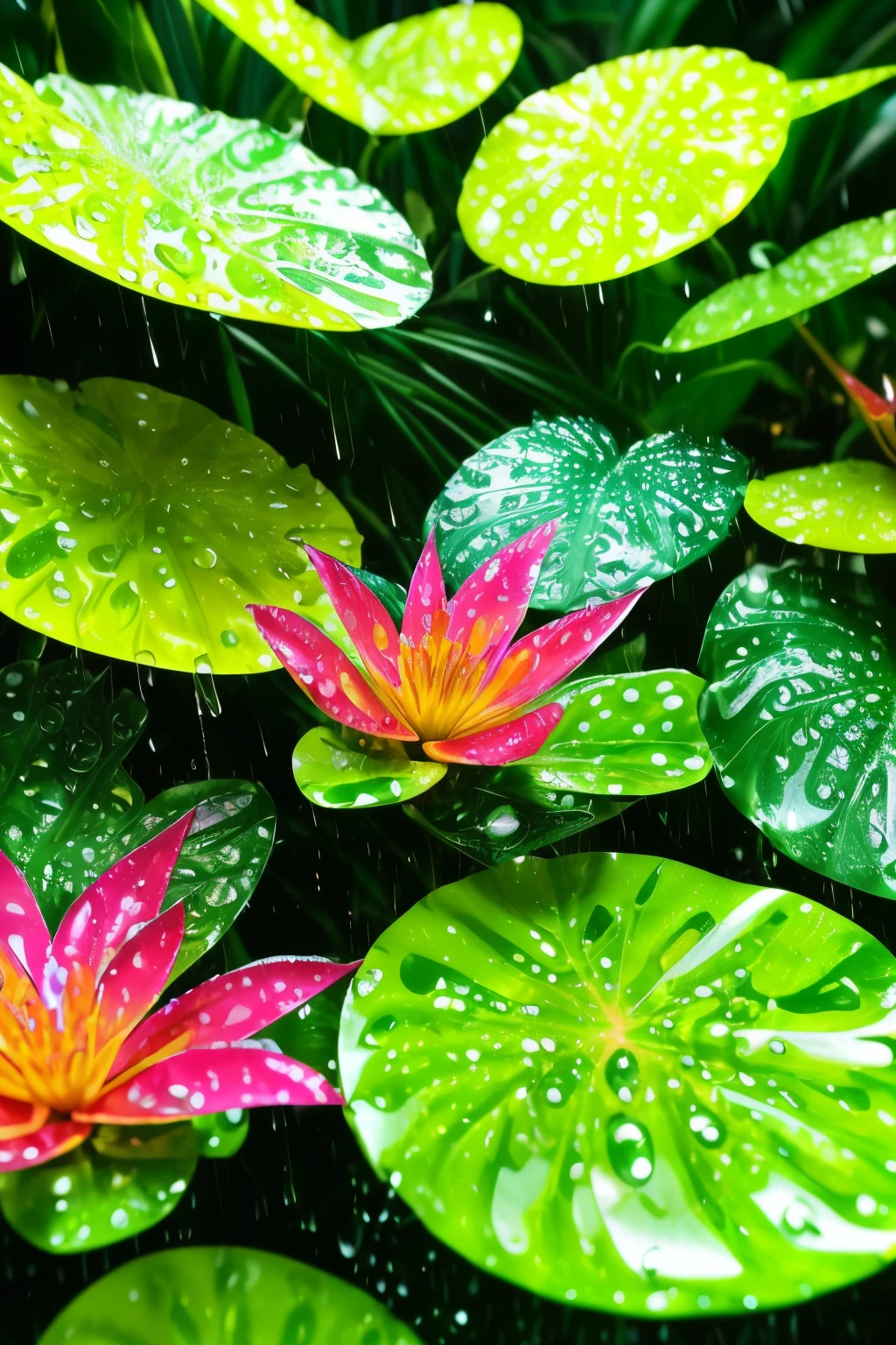 Unrealsitic exotic plant, ((extraordinarily vibrant colors)), ((elongated and curved shapes)), exotic jungle, ((rain pelting down in heavy droplets)), water drops ((gleaming and reflecting the light)). The plant's leaves ((glisten and shimmer)), ((absorbing the rainwater with a satisfying splash)). The jungle setting ((comes alive with the sound of rain)). An enchanting, ((unrealistic but captivating scene)).

This colorfull plant, ((thrives in the exotic jungle)), ((ostentatious and magnificent)), in the midst of the rain, ((becoming more radiant and alive under the downp