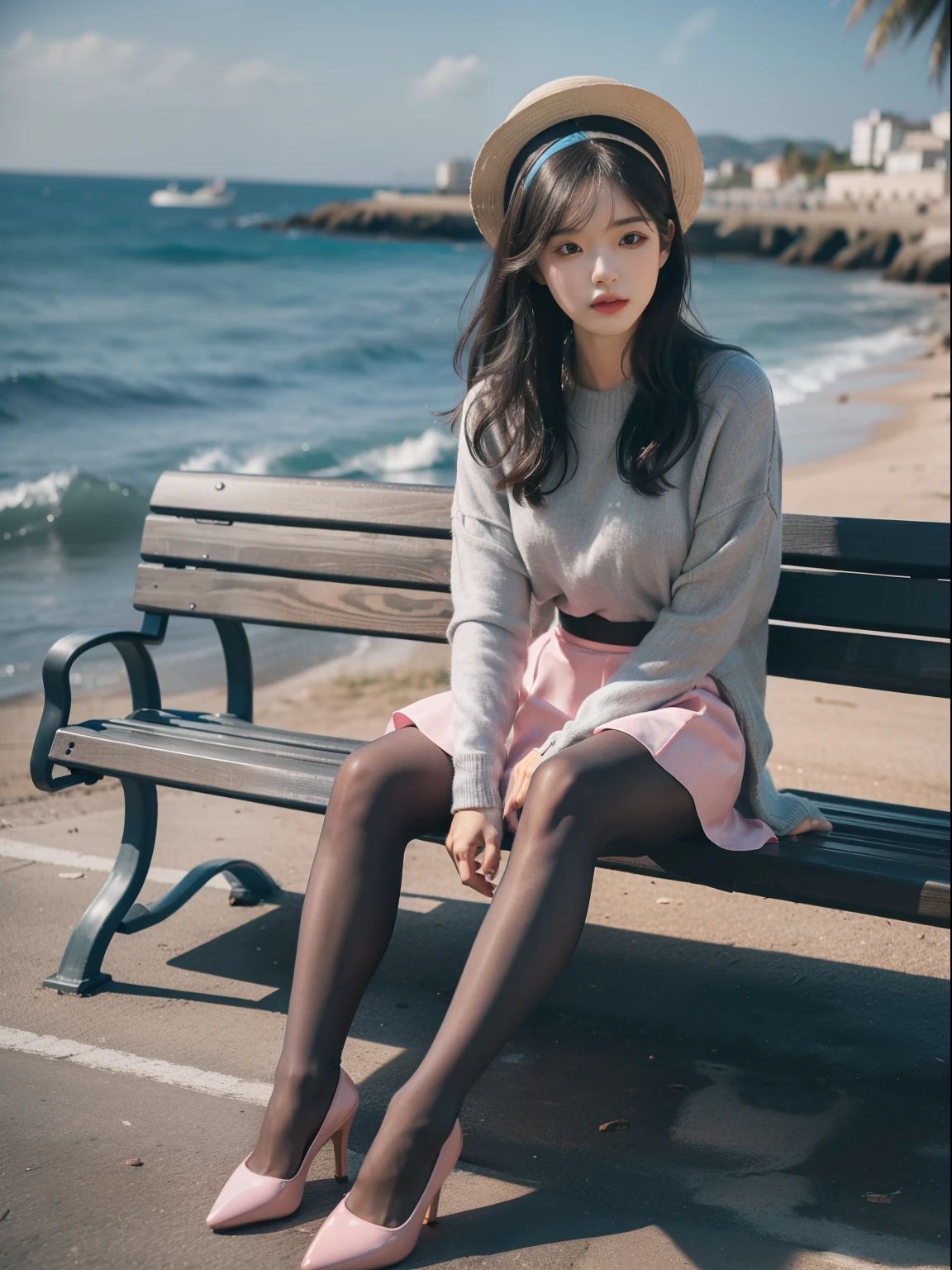 (whole body:1.5)，(1 girl:1.3),(view viewer:1.4)，(correct anatomy:1.3),(Sitting on a bench by the sea:1.2),(pink and blue rubber skirt :1.2),( dim gray pantyhose:1.3),pumps、( girl&#39;s pointed thick heels :1.1)，(accurate and perfect face:1.3),hyper hd, ray tracing, reflected light， structurally correct, Award-winning, high detail, Brighten the contrast of shadows, face lighting ，cinematic lighting, masterpiece, super detail, high quality, high detail, 最high quality, 16k，high contrast,black hair、whole body写真、hat