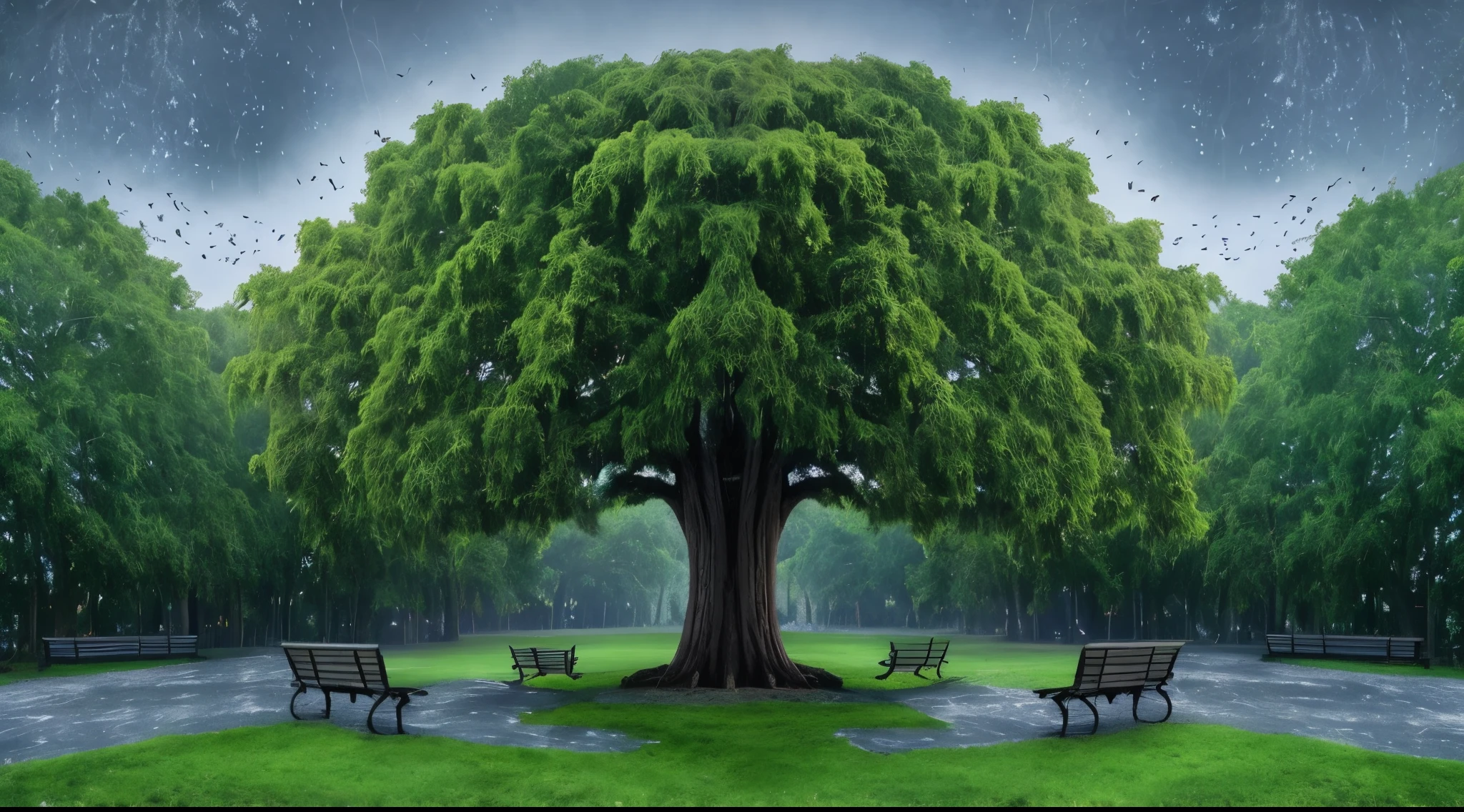 there are two benches under a tree in a park, breath - taking beautiful trees, breathtaking beautiful trees, big tree, big tree verde, fantasy tree, big tree, magic tree, huge central tree, giant tree, large magic trees, A beautiful tree, sitting under a tree, rich tree, central tree, huge tree, nature trees