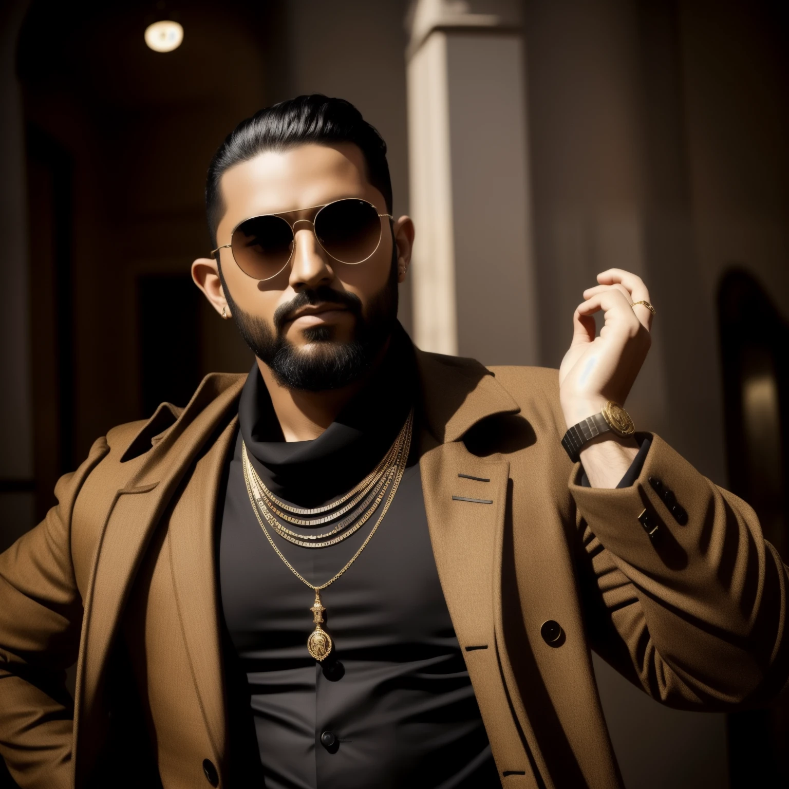 Create a unique and rich cartoon character with a mischievous grin. He wears a black glasses that hides half his face, and a sleek black hoodie and hoodies cap cover his half face. and make sure His signature jewelry is a gold chain with a pendant that reads "Ravi Kumar" in a bold,