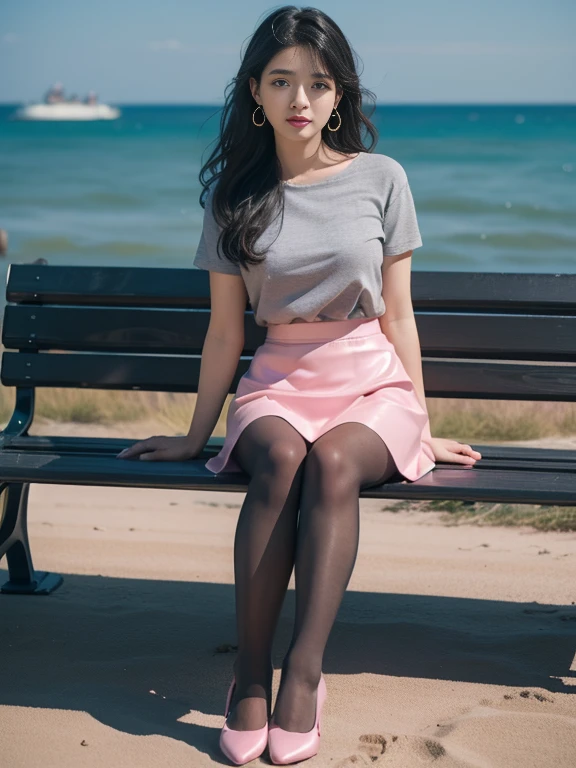 (whole body:1.5),(1 girl:1.3),(view viewer:1.4),(correct anatomy:1.3),(Sitting on a bench by the sea:1.2),(pink and blue rubber skirt :1.2),( dim gray pantyhose:1.3),pumps、( girl's pointed thick heels :1.1),(accurate and perfect face:1.3),hyper hd, ray tracing, reflected light, structurally correct, Award-winning, high detail, Brighten the contrast of shadows, face lighting ,cinematic lighting, masterpiece, super detail, high quality, high detail, 最high quality, 16k,high contrast,black hair、whole body写真、ear piercing