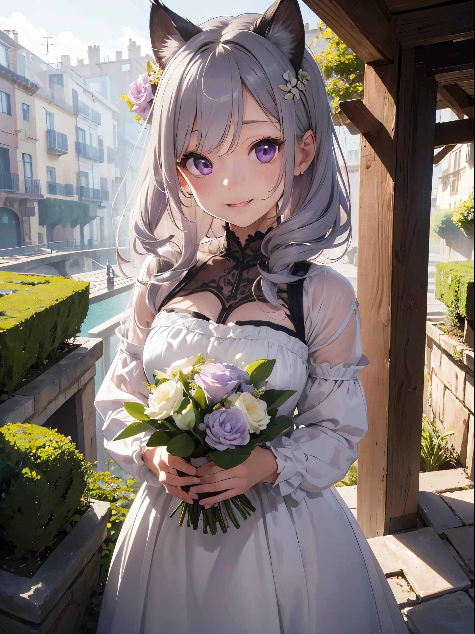 master piece,
best quality, super detailed, Realistic,
very delicate and beautiful,
succulent garden,
Depth of the bounds written,
professional lighting,many big bouquets、gray hair、bob hair、lilac hair eyes、laughter、smile、cat ears、long sideburns、flower hair ornament、holding a big bouquet、hair that hides human earorning scene、vast cliff