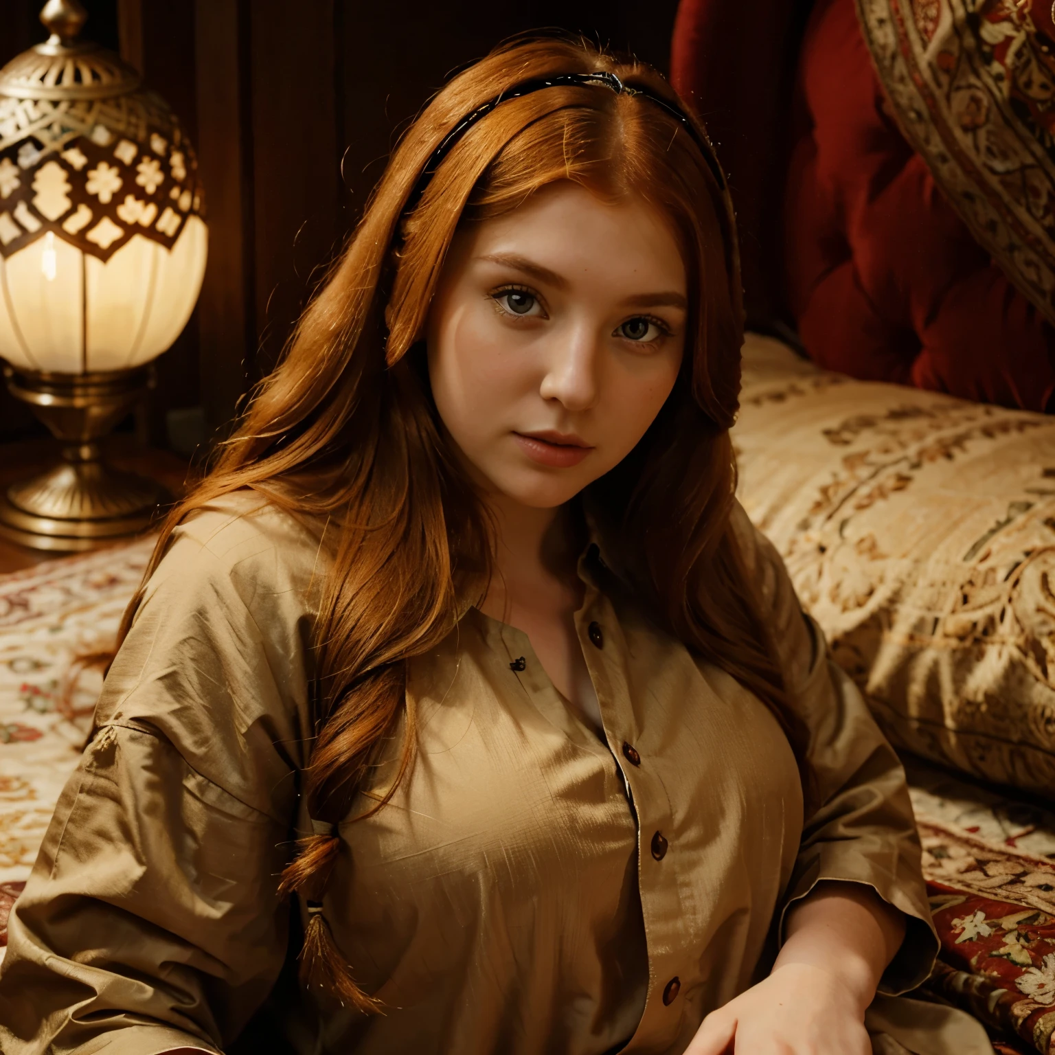 lady with long ginger hair, and big bright eyes, big nose ,and thin lips , chubby, ottoman cloth, ottoman crown