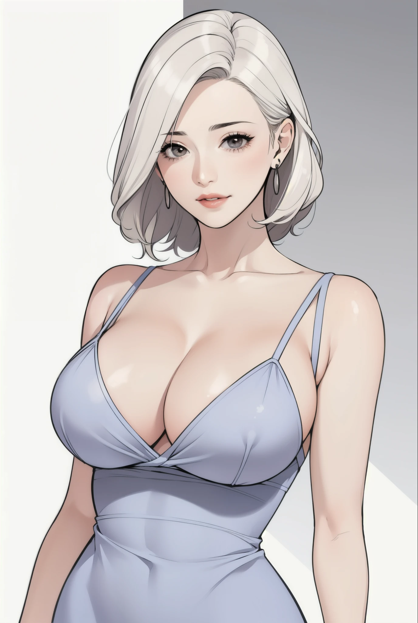 diona shin, standing, portrait, red lips, nsfw,  standing, portrait,  (masterpiece, best quality), solo, looking at viewer, upper body, standing, fw.dona.shin, mature female, sexy, hot, white hair, diona shin, white background, white hair, very soft breast  , soft breast , milf, milf face, tease, detail face, cleavage , large breast, perky breasts, portrait, cowboy shot, cleavage, square lips, short hair, very short hair, white hair, curly hair, earrings , smirk, chubby , Bursting Breasts, Spilling Out, big breast, Cleavage Bulge, milf, very short hair, pixie hair, body proportion, breast sagging , sexy dress, milf face