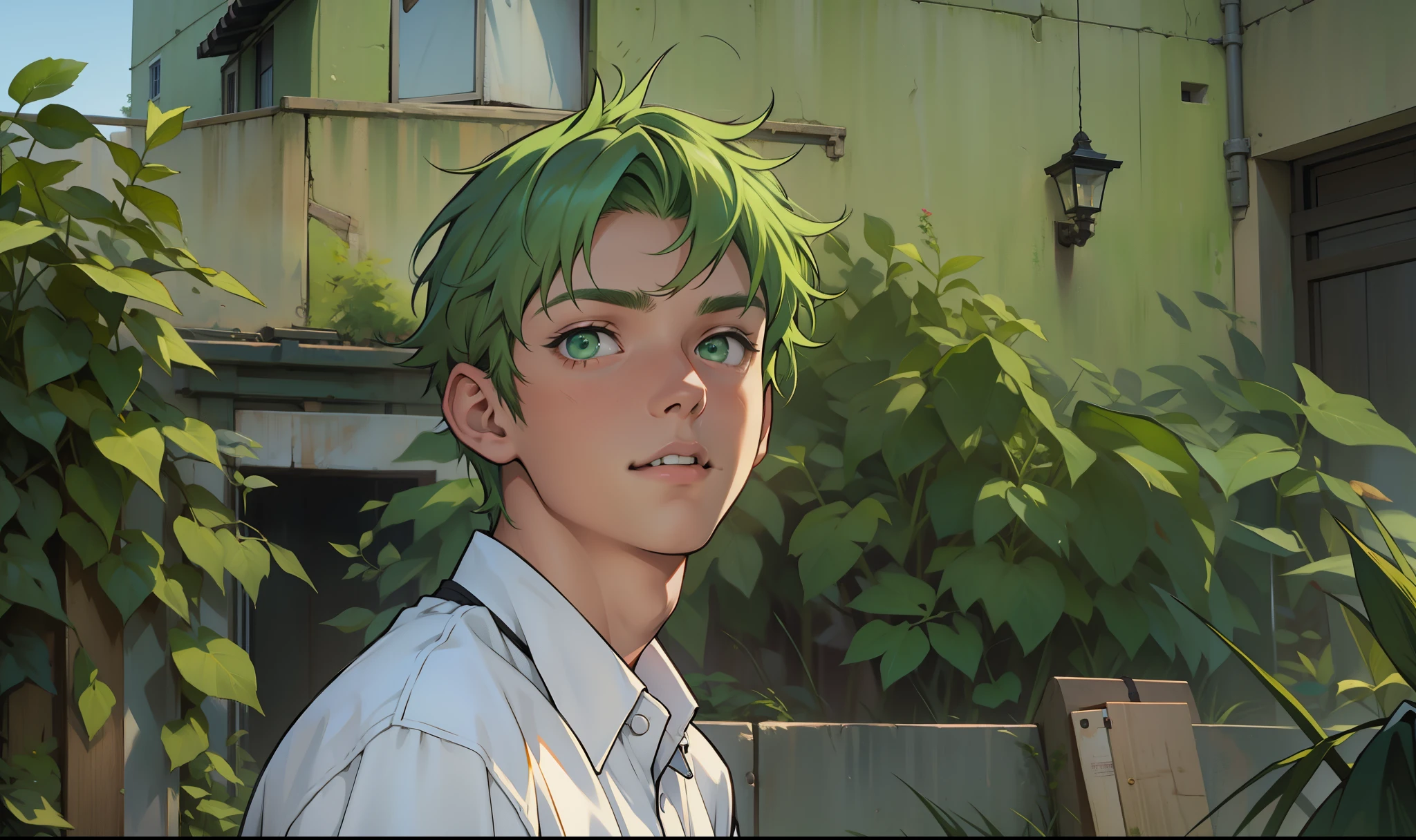 beautiful teenage boy 16 years old green hair green eyes