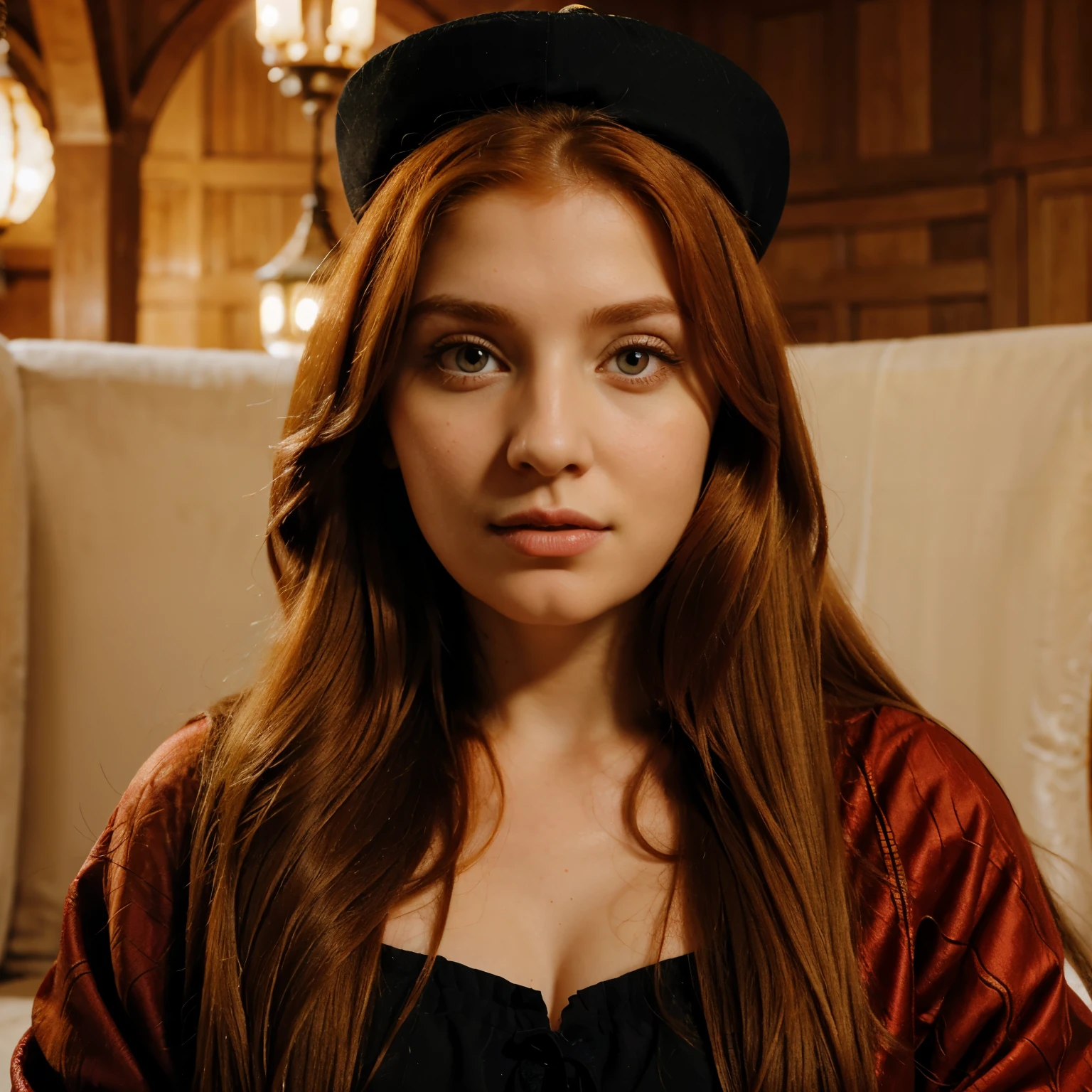lady with long ginger hair, and big bright eyes, big nose ,and thin lips , chubby, ottoman cloth, ottoman crown , polish ethnicity