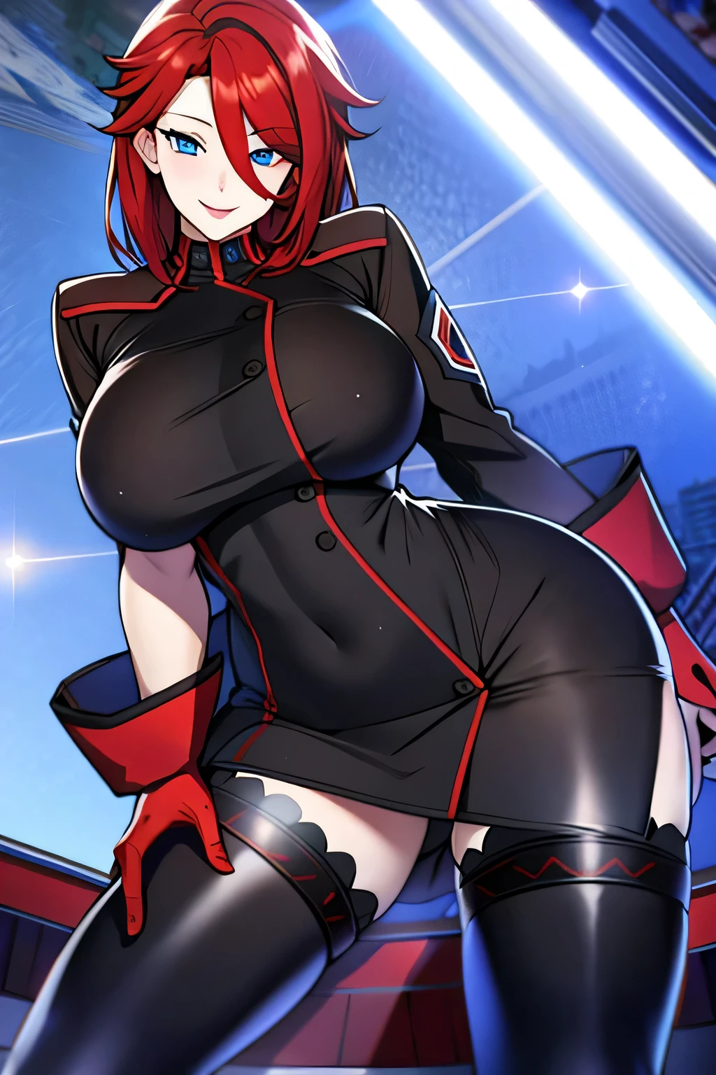 red hair, black uniform, blue eyes, gigantic breasts, cleavage, bare legs, ultra-detailed(best quality,highres:1.2), ultra-detailed eyes, smiling