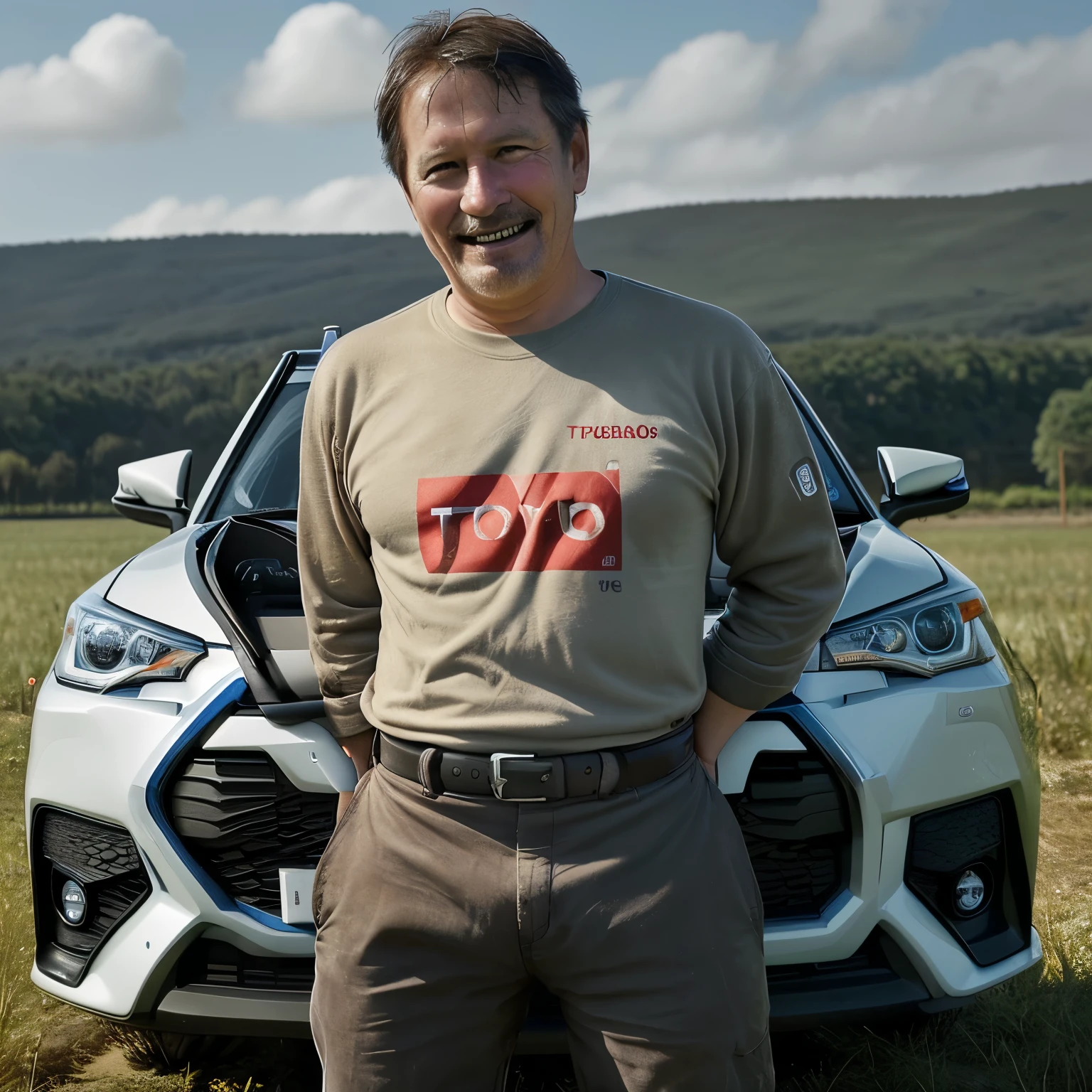 Give me an image of Toyota accessories with the field or something related to the brand in the background and with a happy dad that looks realistic