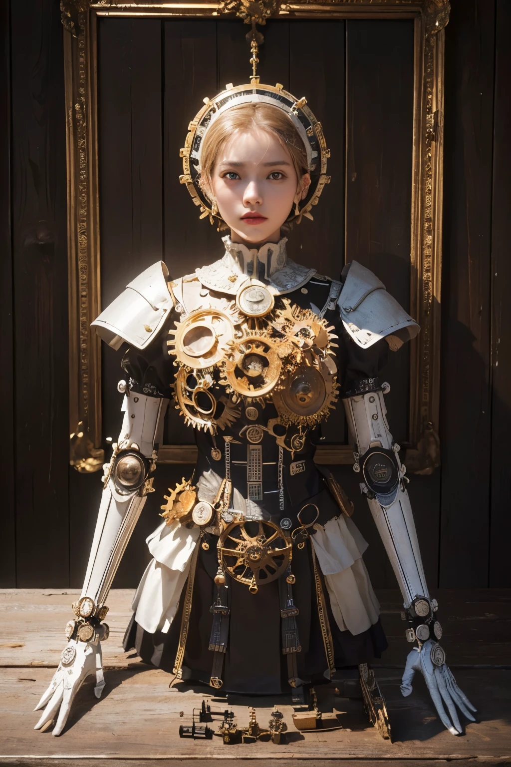 ((Obra maestra, of the highest quality, Maximum image quality, high resolution, fotorrealista, foto cruda, 8K)), mechanical puppet, Its body is made of gears and a wooden frame.. Fondo blanco, Un laboratorio en blanco, 
