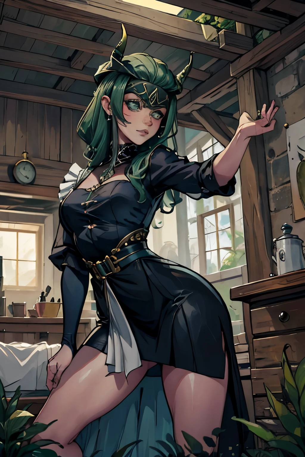((obra de arte, melhor qualidade)), absurdos, , Shemir_AFK, Orelhas pontudas, olhos cobertos, brilho verde, pele cinza, Magia, (housekeeper_costume:1, saia:1, coxas), presumptuous, tronco, , contrapposto, film composition, Dynamic Pose,
