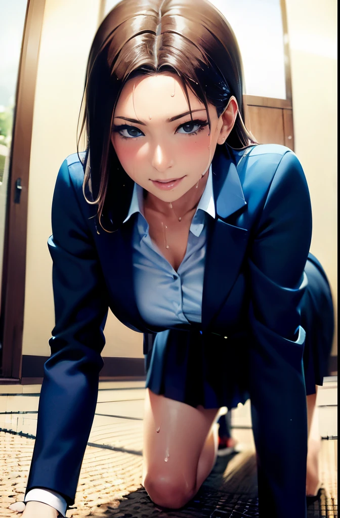 woman wearing a skirt、Woman in Suit, (software) safe for work, At the front doorお見送りしてくれる女性, tits, she sees off、man going to work, inspiring illustrations, digital manga, a teasing smile, illustrative!!, shoujo manga, in a Japanese apartment、crawl on all fours、At the front door、((blowjob gesture、dripping sweat、oil skin,sparkling skin、realistic skin texture、detailed beautiful skin、shiny skin、shiny skin))