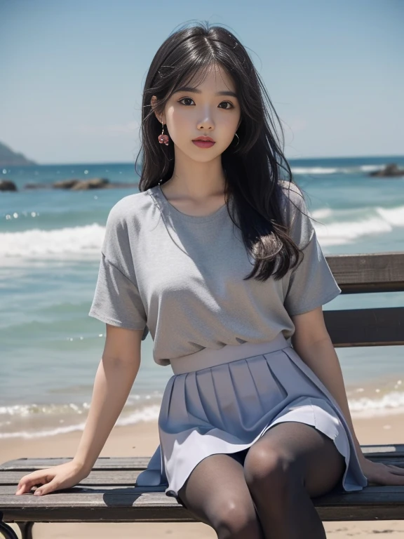 (whole body:1.5)，(1 girl:1.3),(view viewer:1.4)，(correct anatomy:1.3),(Sitting on a bench by the sea:1.2),(pink and blue rubber skirt :1.2),( dim gray pantyhose:1.3),pumps、( girl&#39;s pointed thick heels :1.1)，(accurate and perfect face:1.3),hyper hd, ray tracing, reflected light， structurally correct, Award-winning, high detail, Brighten the contrast of shadows, face lighting ，cinematic lighting, masterpiece, super detail, high quality, high detail, 最high quality, 16k，high contrast,black hair、whole body写真、ear piercing

