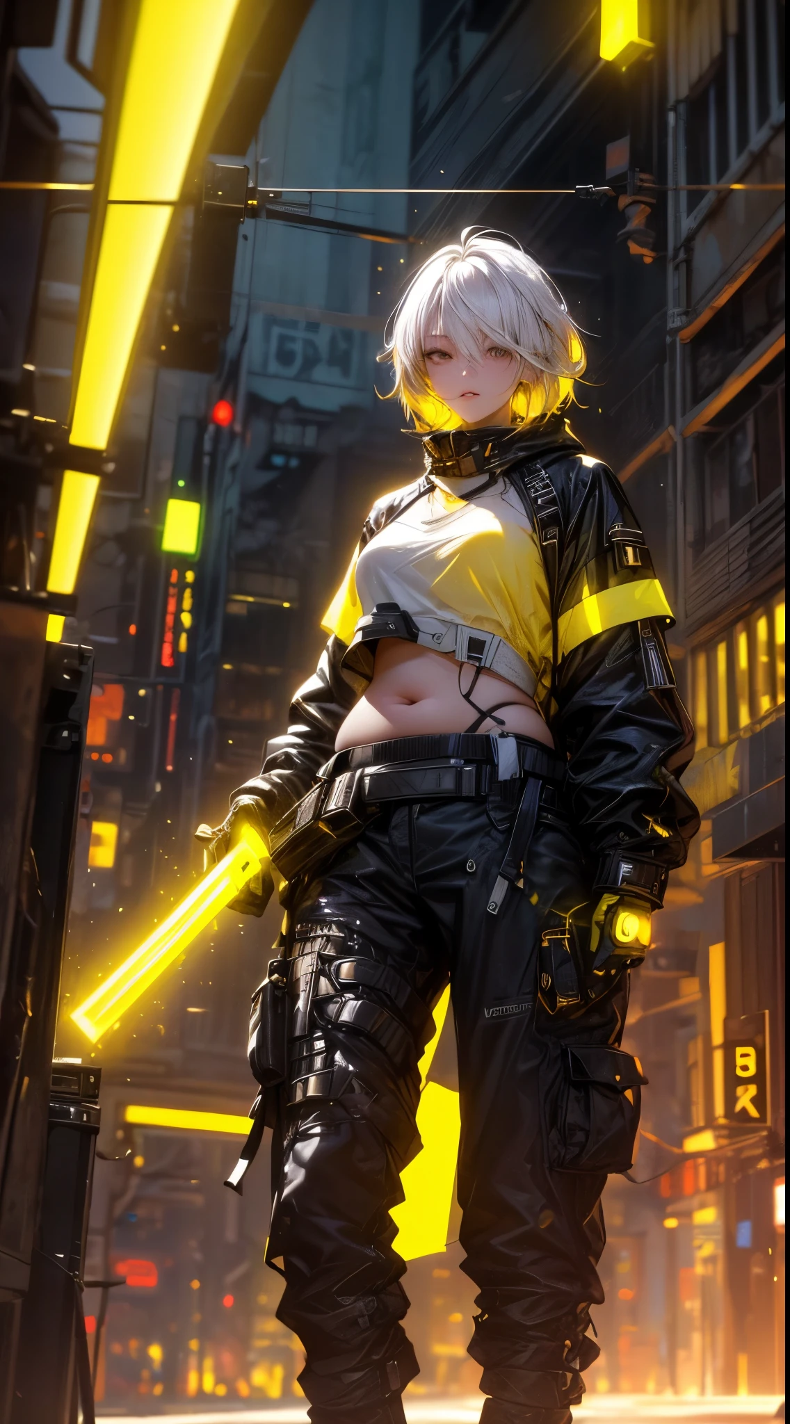 (1girl in)、(Plump beauty)、(neon white hair)、(30-years old)、(Top image quality)、(8K picture quality)、(cyberpunked)、(masutepiece)、 (Flickering of light)、(Wear a cyberpunk hip hop clothing)、cinematric light, Cinema Shadow, Sharp Image, Extremely detailed, Volumetric, Bright sprites, particles effect, beautiful effects, Vivid colors, neons, Neon light, Highly detailed image textures, detailed hairs, Detailed eyes,  city、white hair、Eyes glow、(Yellow aura emanating from clothes:1.5)、Photo from the knee up、