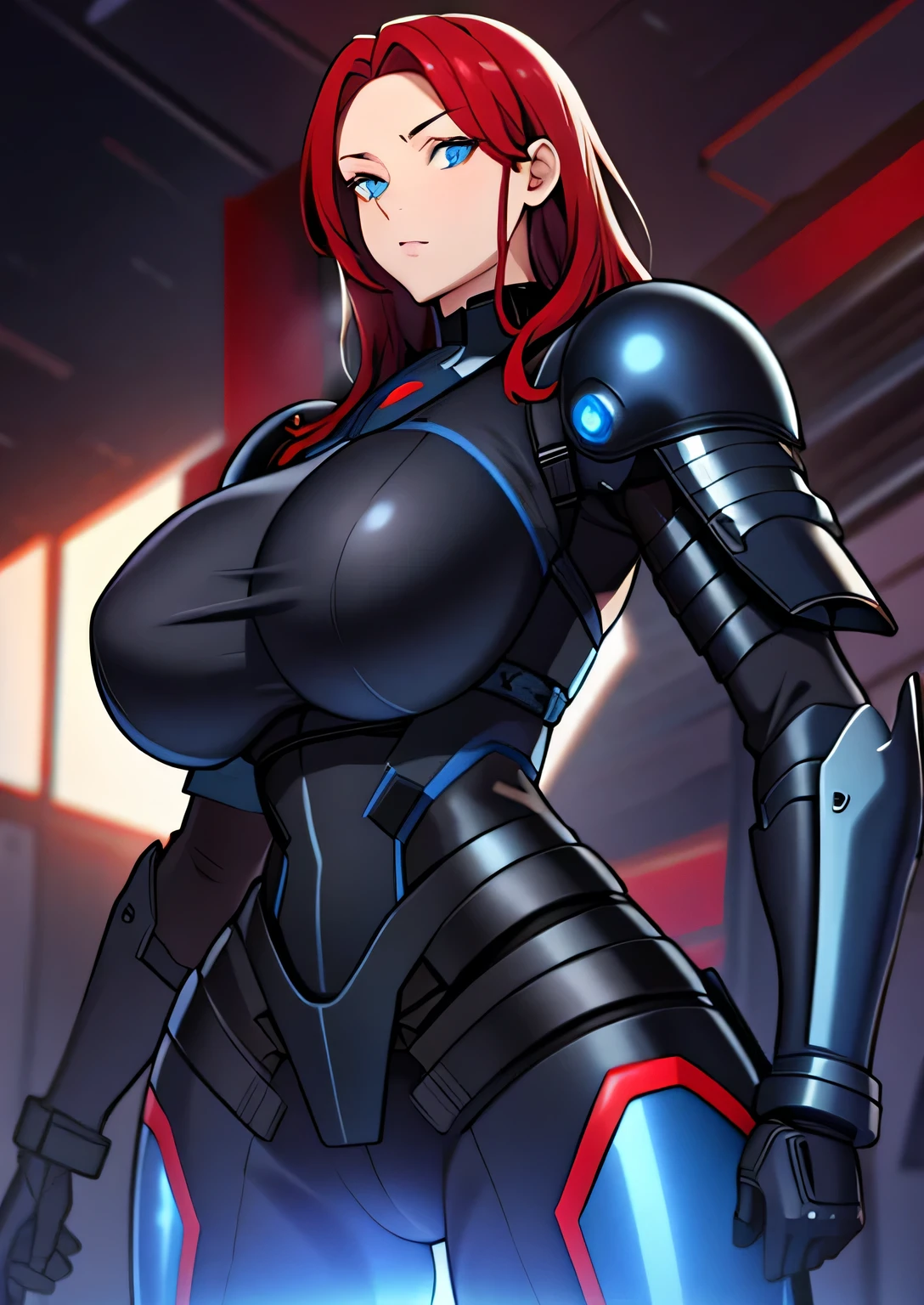 black sci-fi armor, red hair,  blue eyes, gigantic breasts, black pistol, solo, standing, ultra-detailed(best quality,highres:1.2), ultra-detailed eyes