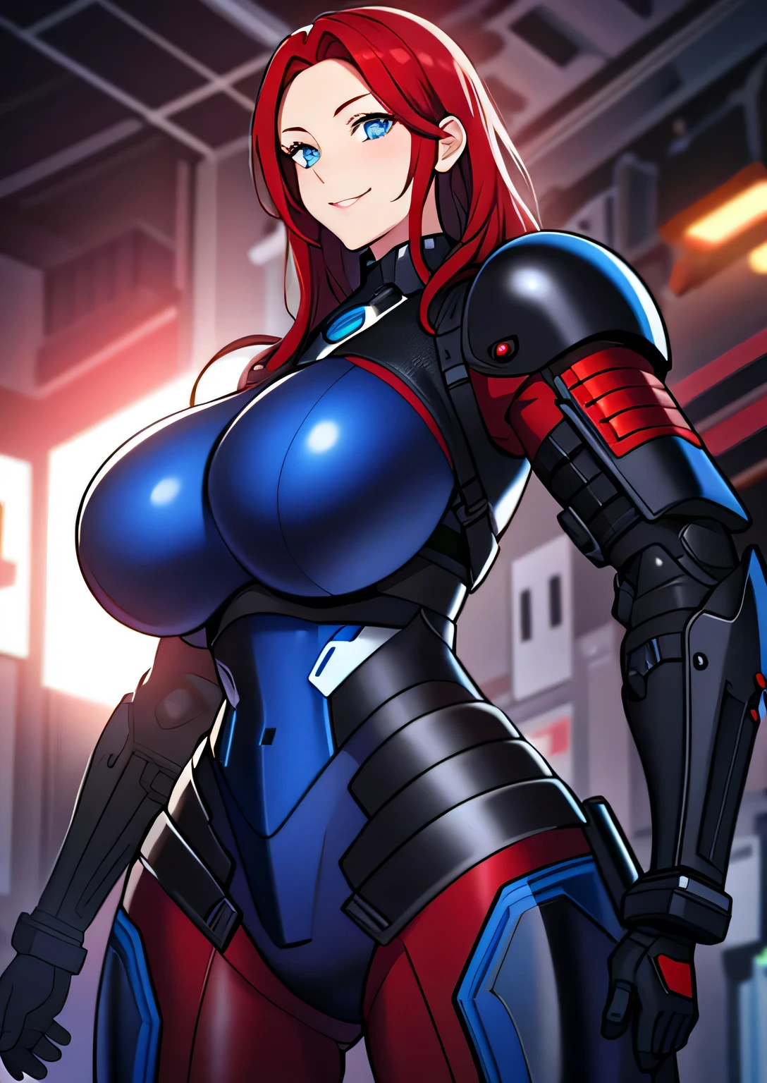 black sci-fi armor, red hair, blue eyes, gigantic breasts, black pistol, solo, standing, ultra-detailed(best quality,highres:1.2), ultra-detailed eyes, smiling