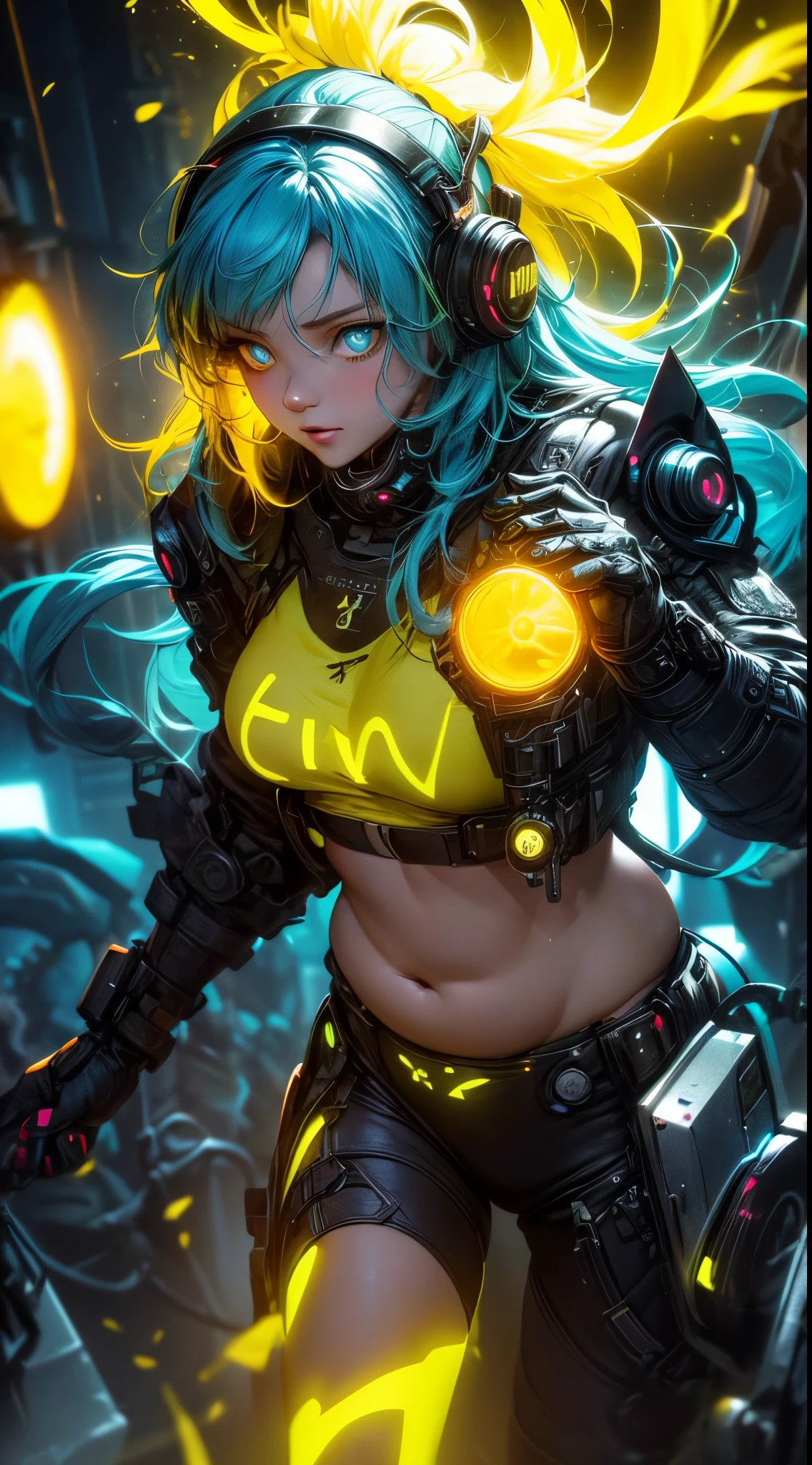 (1girl in)、(Plump beauty)、(neon blue hair)、(30-years old)、(Top image quality)、(8K picture quality)、(cyberpunked)、(masutepiece)、 (Flickering of light)、(Wear a cyberpunk hip hop clothing)、cinematric light, Cinema Shadow, Sharp Image, Extremely detailed, Volumetric, Bright sprites, particles effect, beautiful effects, Vivid colors, neons, Neon light, Highly detailed image textures, detailed hairs, Detailed eyes, city、neon blue hair、Eyes glow、(Yellow aura emanating from clothes:1.5)、Photo from the knee up、