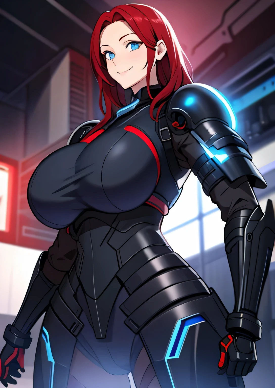 black sci-fi armor, red hair,  blue eyes, gigantic breasts, black pistol, solo, standing, ultra-detailed(best quality,highres:1.2), ultra-detailed eyes, smiling