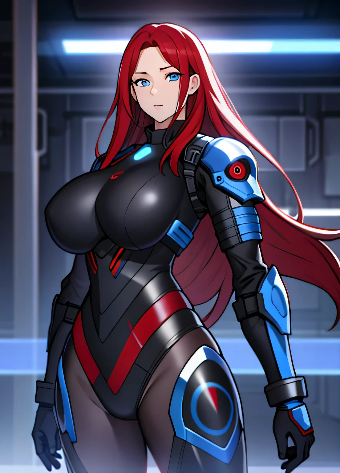 black sci-fi armor, red hair, blue eyes, gigantic breasts, black pistol, solo, standing, ultra-detailed(best quality,highres:1.2), ultra-detailed eyes