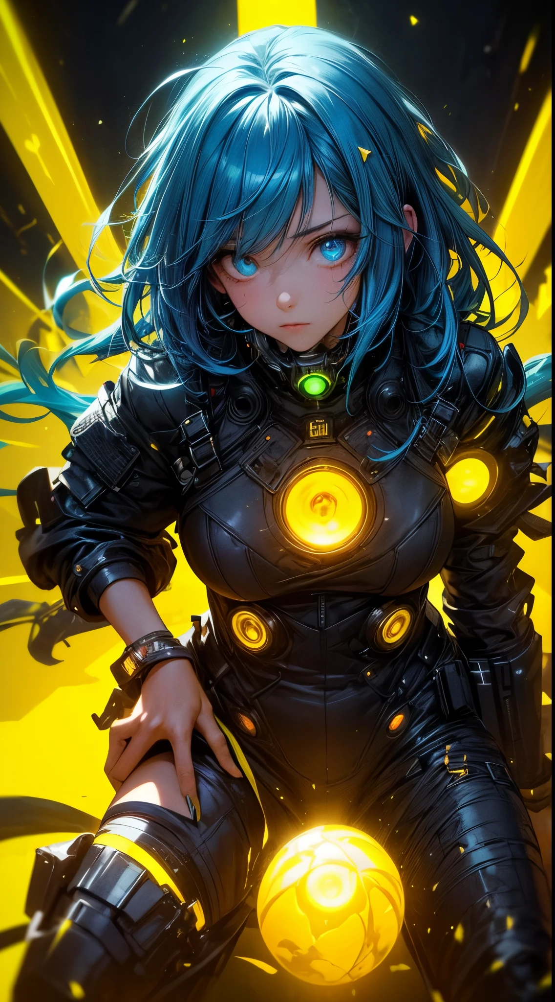 (1girl in)、(Plump beauty)、(neon blue hair)、(30-years old)、(Top image quality)、(8K picture quality)、(cyberpunked)、(masutepiece)、 (Flickering of light)、(Wear a cyberpunk hip hop clothing)、cinematric light, Cinema Shadow, Sharp Image, Extremely detailed, Volumetric, Bright sprites, particles effect, beautiful effects, Vivid colors, neons, Neon light, Highly detailed image textures, detailed hairs, Detailed eyes,  city、neon blue hair、Eyes glow、(Yellow aura emanating from clothes:1.5)、Photo from the knee up、