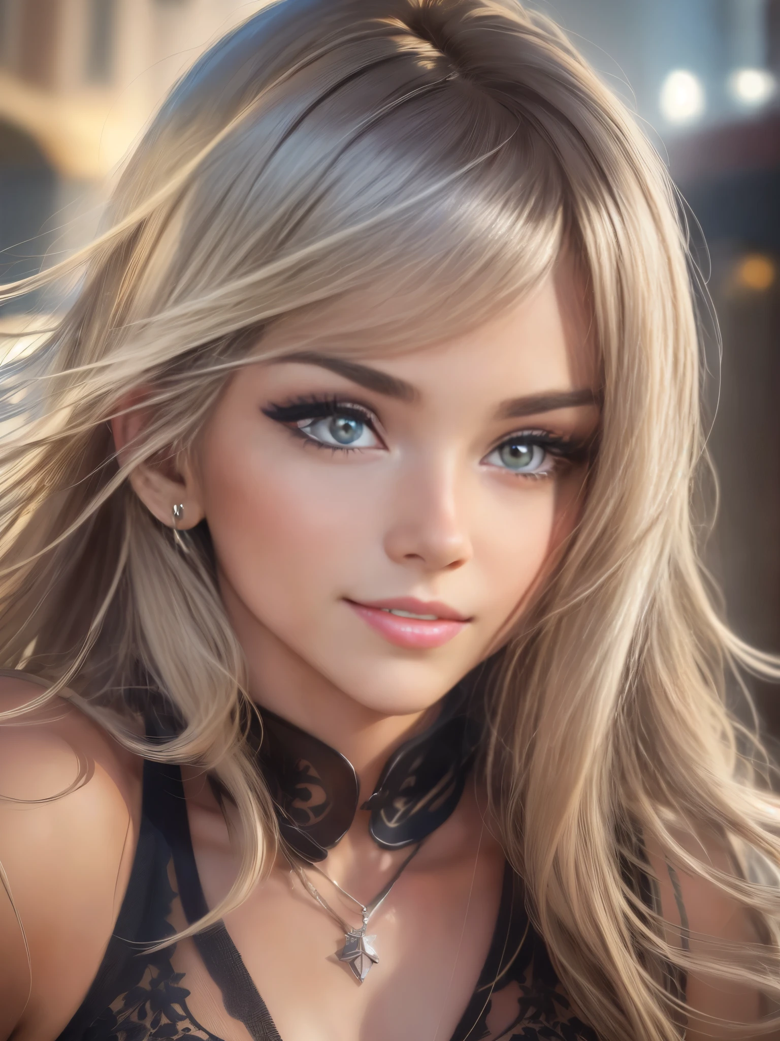 1girl, solo, looking at viewer, smile, makeup, sun, mid day, (realistic:1.2), (realism), (masterpiece:1.2), (best quality), (ultra detailed), (8k, 4k, intricate),(selfie:1), (32mm),light particles, lighting, (highly detailed:1.2),(detailed face:1.2), (gradients), sfw, colorful,(detailed eyes:1.2)(detailed background),detailed, (dynamic angle:1.2), (dynamic pose:1.2), (rule of third_composition:1.3), (Line of action:1.2). Low cut tanktop, brow hair, smile, beautiful face, cute, anime