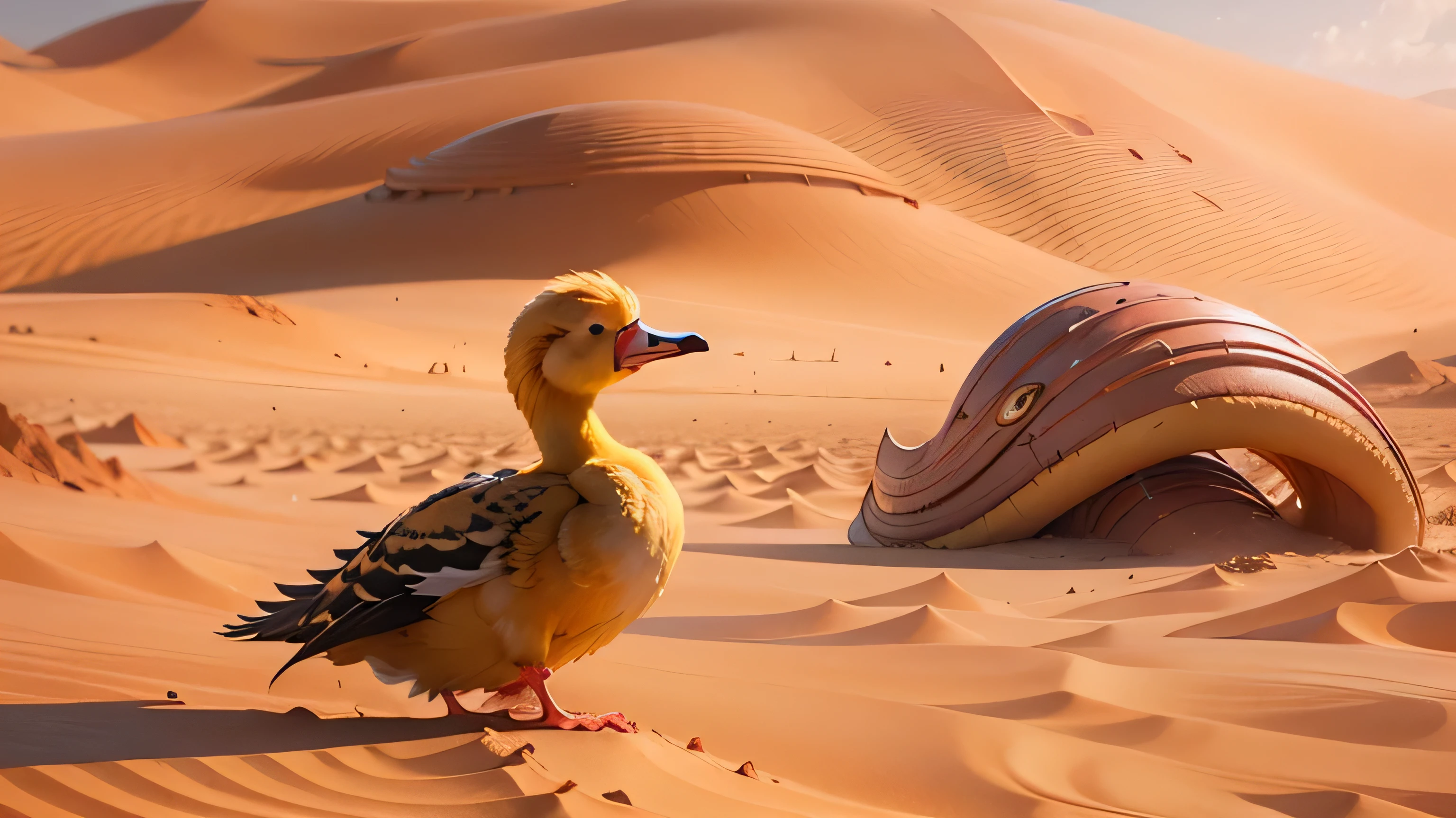 Masterpiece quality. 8k, cinematic. full shot of a yellow duck (from back) confronting a giant sandworm on Arrakis. dune.