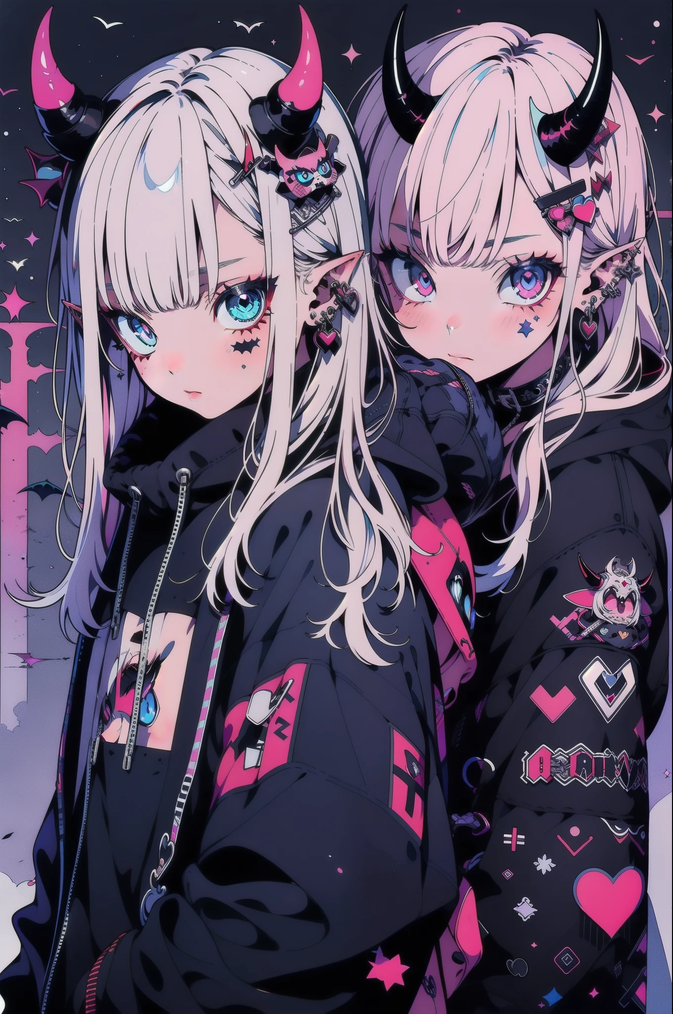 (best quality, masterpiece:1.2),2girls,niji,platinum white hair,moonlight eyes,oni horns,neon theme,looking at viewer,hood,punk fashion,heart,Harajuku-inspired shirt,pointy ears,demon girl,solo,shirt,long hair,