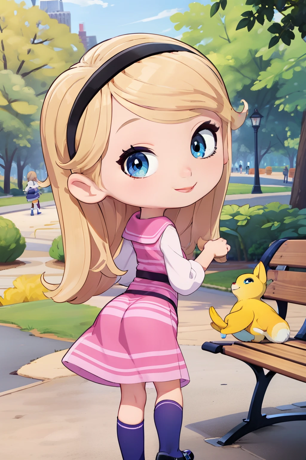 ((masterpiece, best quality)),1girl, solo,, penny peterson, long blonde hair, hairband, pink dress, blue eyes, red lips, mary janes ,high tube socks, outside, ((central park)), river, benches, looking at viewer, looking back rche, close up, showing her butt, from behind, smile, cute girl, cute smile, beautiful art, 4k, cute art,