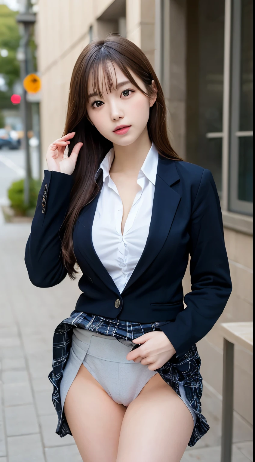 table top, highest quality, figure, super detailed, finely, High resolution, 8k wallpaper, 完璧なダイナミックな構figure, detailed and beautiful eyes, natural lip,blazer ,school uniform, cleavage, whole body,put your hands in your pockets((do it yourself skirt lift))
