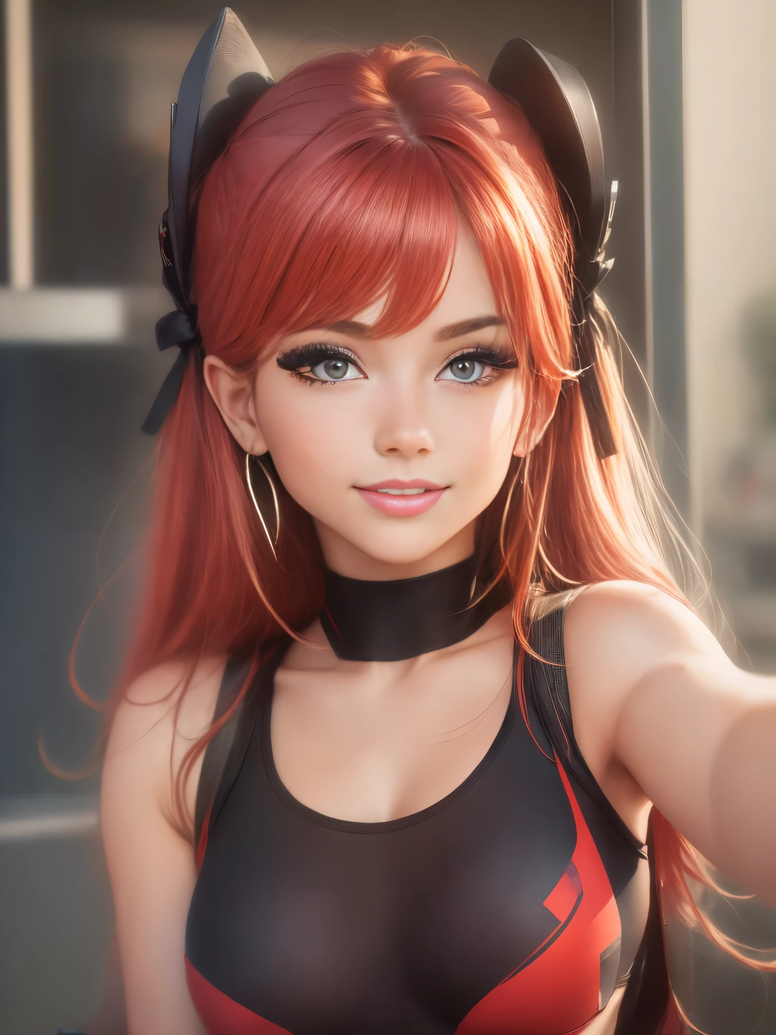 1girl, solo, looking at viewer, smile, makeup, sun, mid day, (realistic:1.2), (realism), (masterpiece:1.2), (best quality), (ultra detailed), (8k, 4k, intricate),(selfie:1), (32mm),light particles, lighting, (highly detailed:1.2),(detailed face:1.2), (gradients), sfw, colorful,(detailed eyes:1.2)(detailed background),detailed, (dynamic angle:1.2), (dynamic pose:1.2), (rule of third_composition:1.3), (Line of action:1.2). Low cut tanktop, red hair, smile, beautiful face, cute, anime