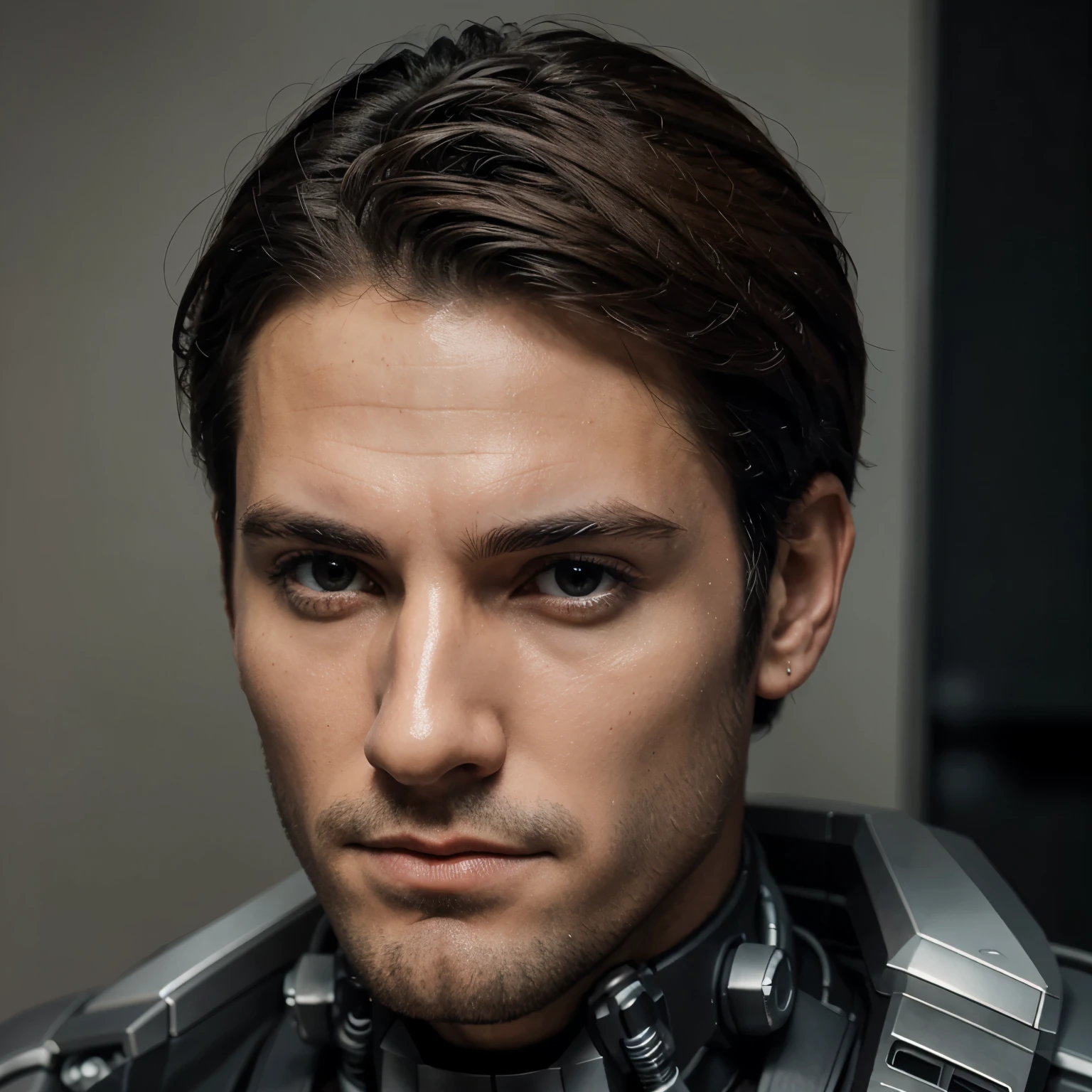 Create realistic robotic half-body. Rosto masculino. Part of the head should appear mechanical parts. Rosto masculino bonito de perfil.
