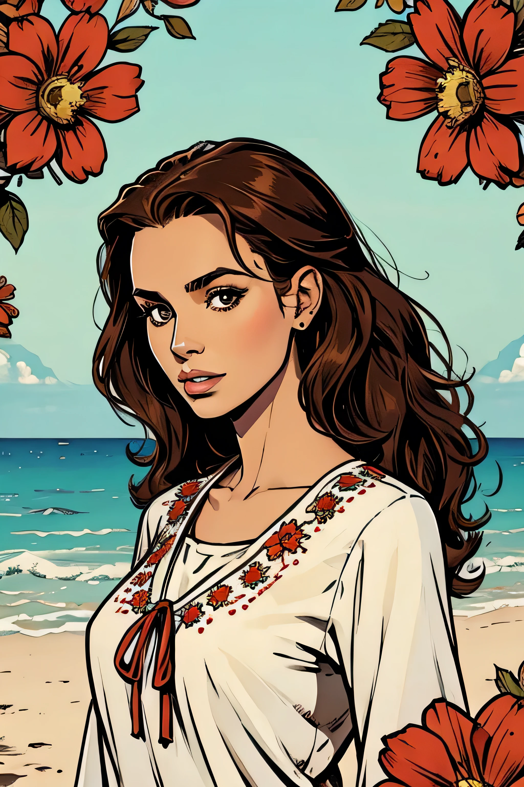 Illustration of a 34 year old woman., piel blanca, Brown eyes, long curly brown hair, blusa roja con flores, fondo de playa