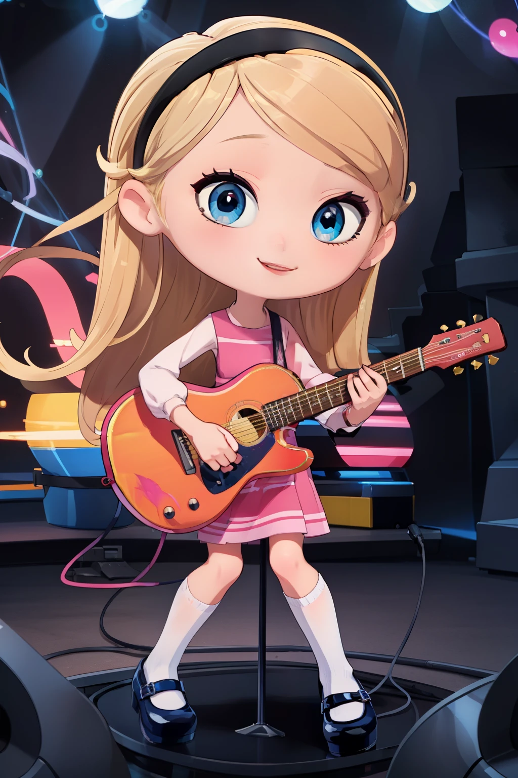 ((masterpiece, best quality)),1girl, solo,, penny peterson, long blonde hair, hairband, pink dress, blue eyes, red lips, mary janes ,white high tube socks, strumming the electric, guitar on a captivating neon stage, enchanting, upbeat, joyful, cute smile, muse, breathtaking, cute art, neon,