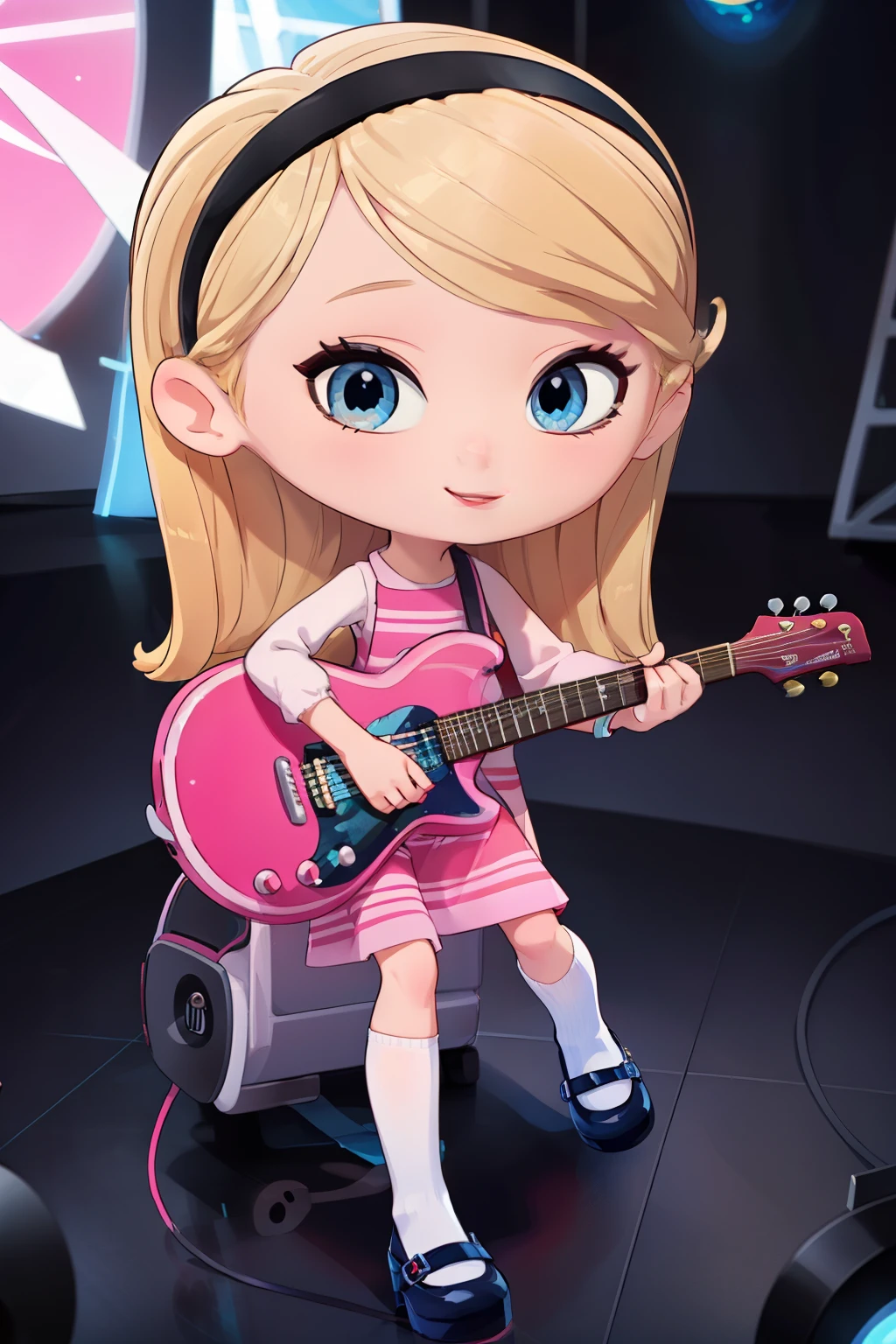 ((masterpiece, best quality)),1girl, solo,, penny peterson, long blonde hair, hairband, pink dress, blue eyes, red lips, mary janes ,white high tube socks, strumming the electric, guitar on a captivating neon stage, enchanting, upbeat, joyful, cute smile, muse, breathtaking, cute art, neon,