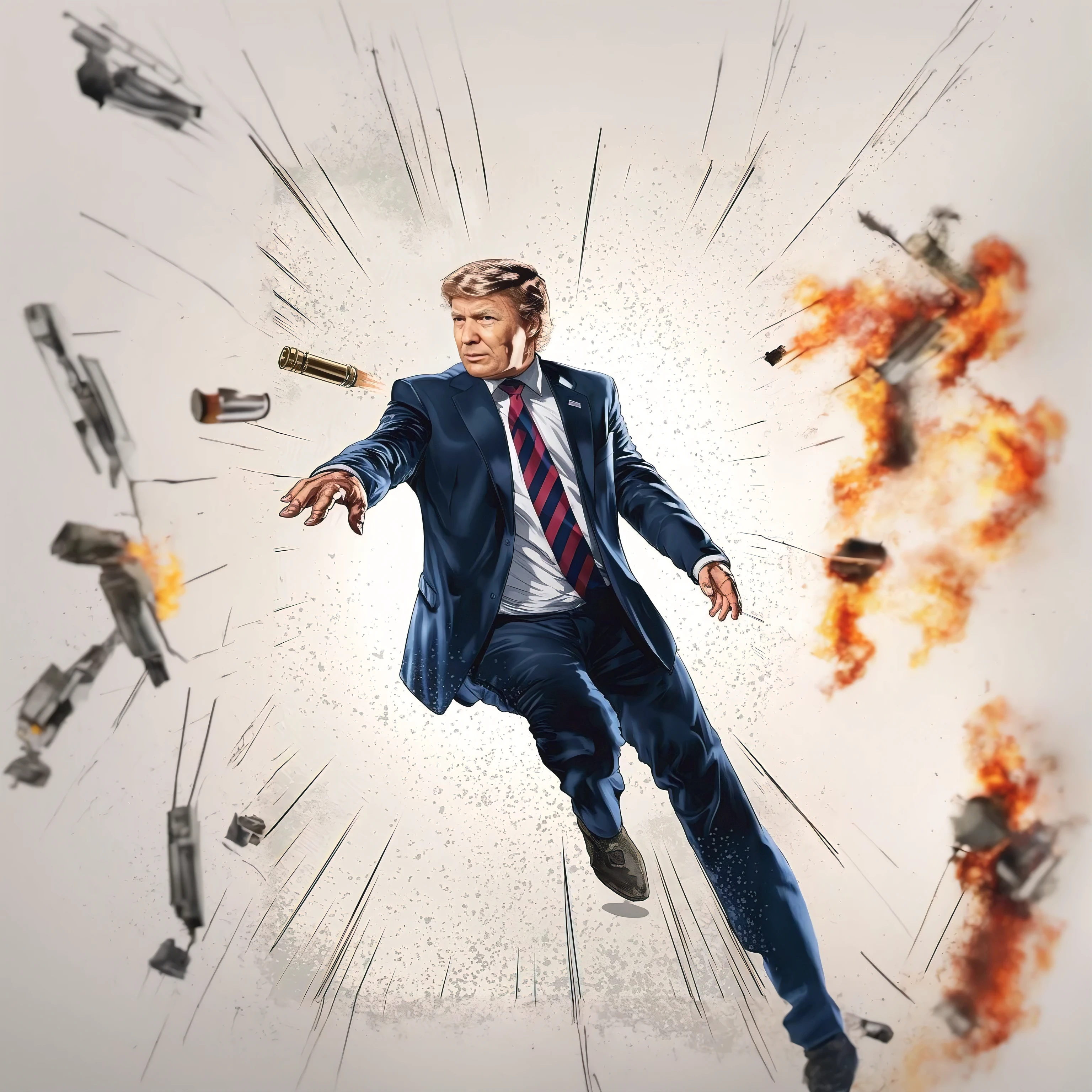 explosions and bullets, on white background